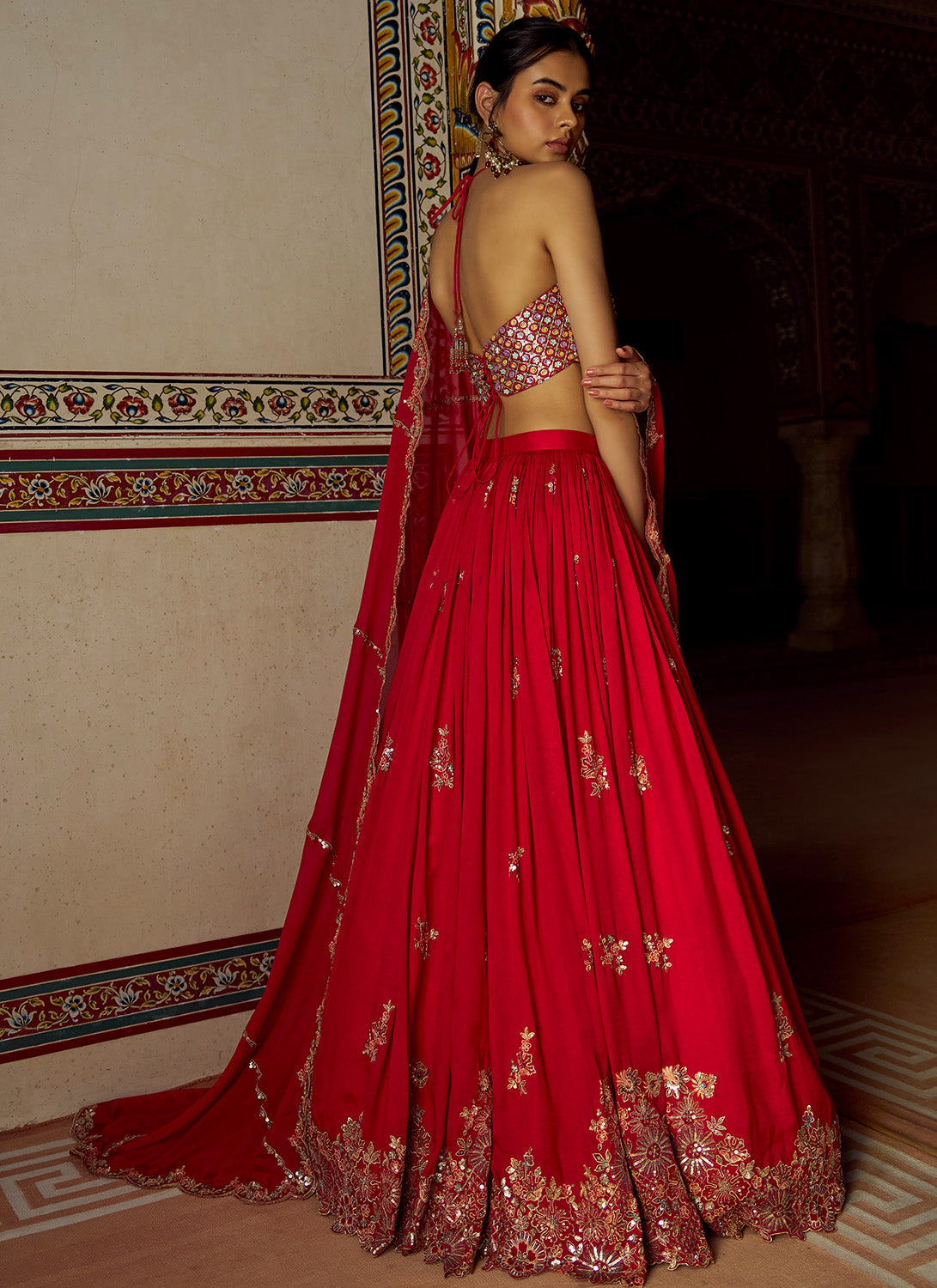 Red Embroidered Silk Lehenga