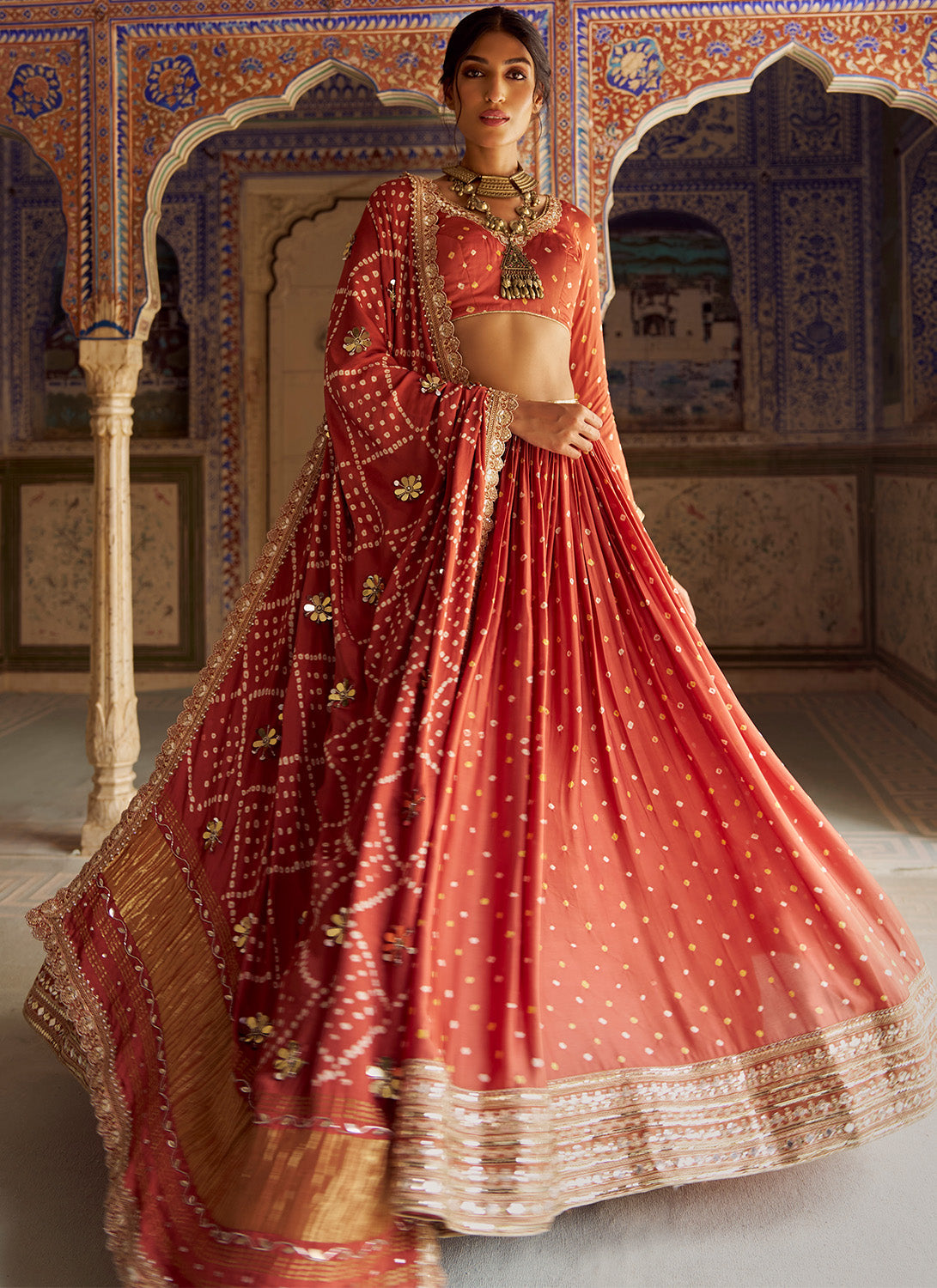 Rust Embroidered Pure Bandhani Lehenga