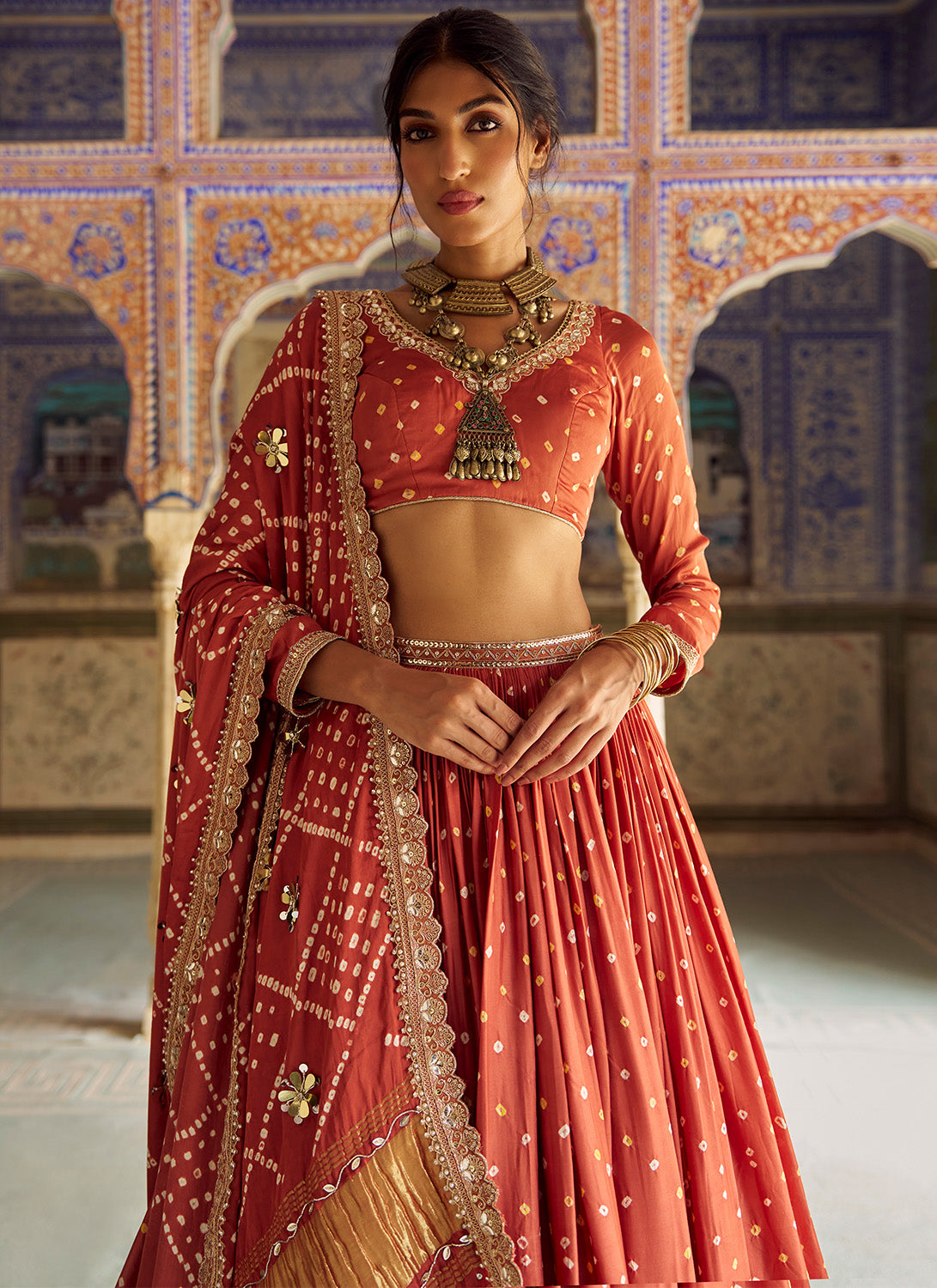 Rust Embroidered Pure Bandhani Lehenga
