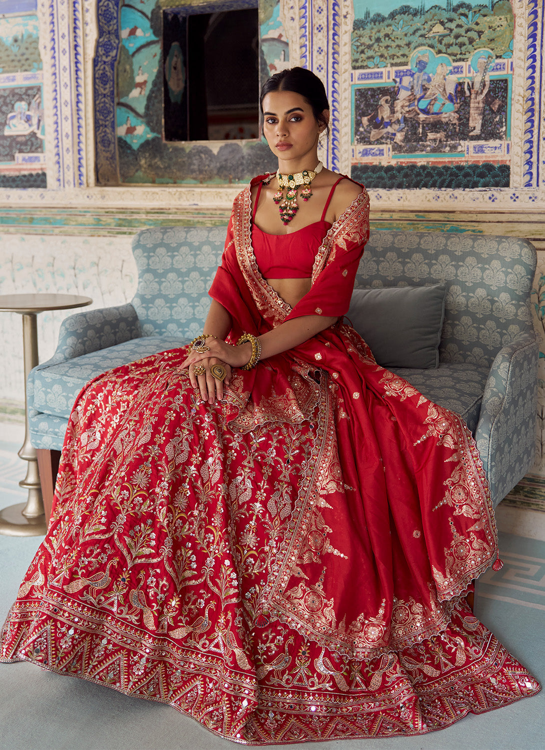 Red Embroidered Viscose Silk Lehenga