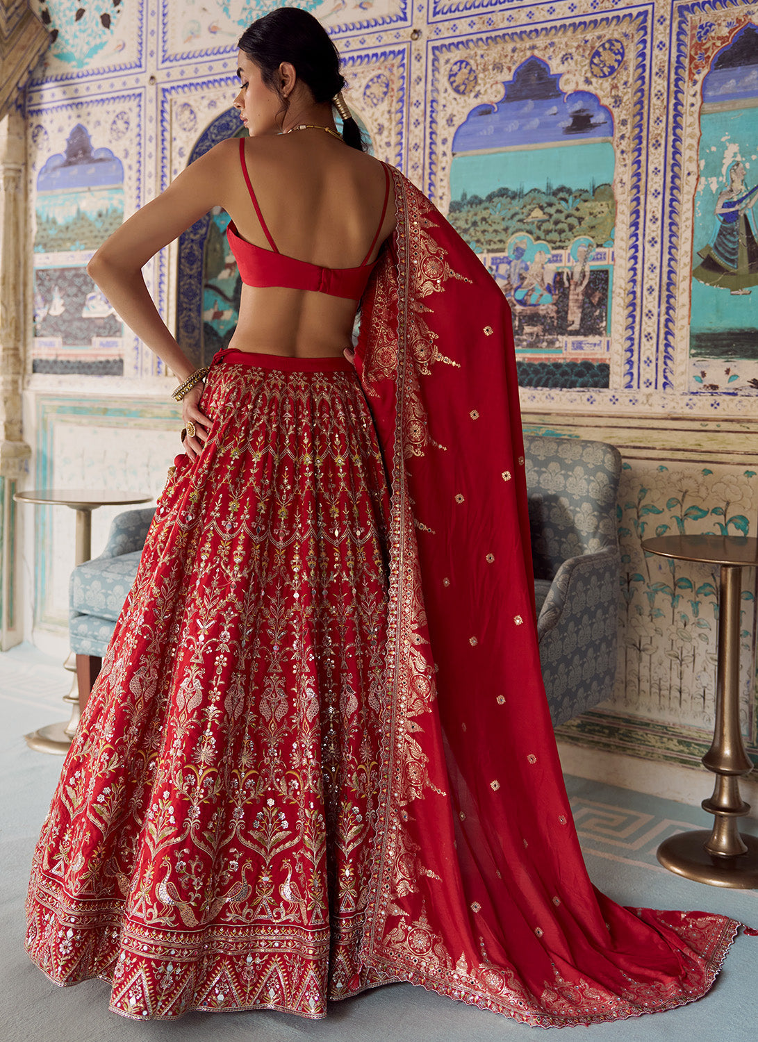 Red Embroidered Viscose Silk Lehenga