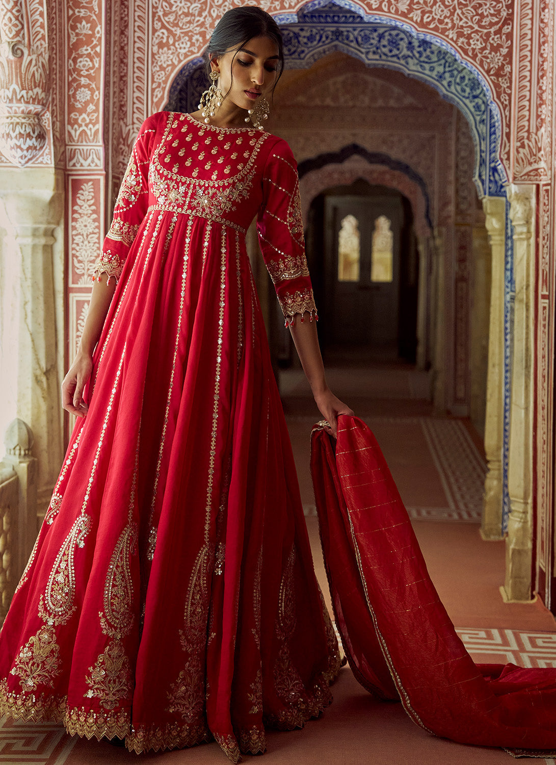 Red Embroidered Silk Anarkali