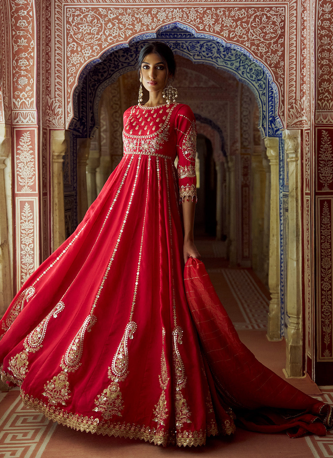 Red Embroidered Silk Anarkali