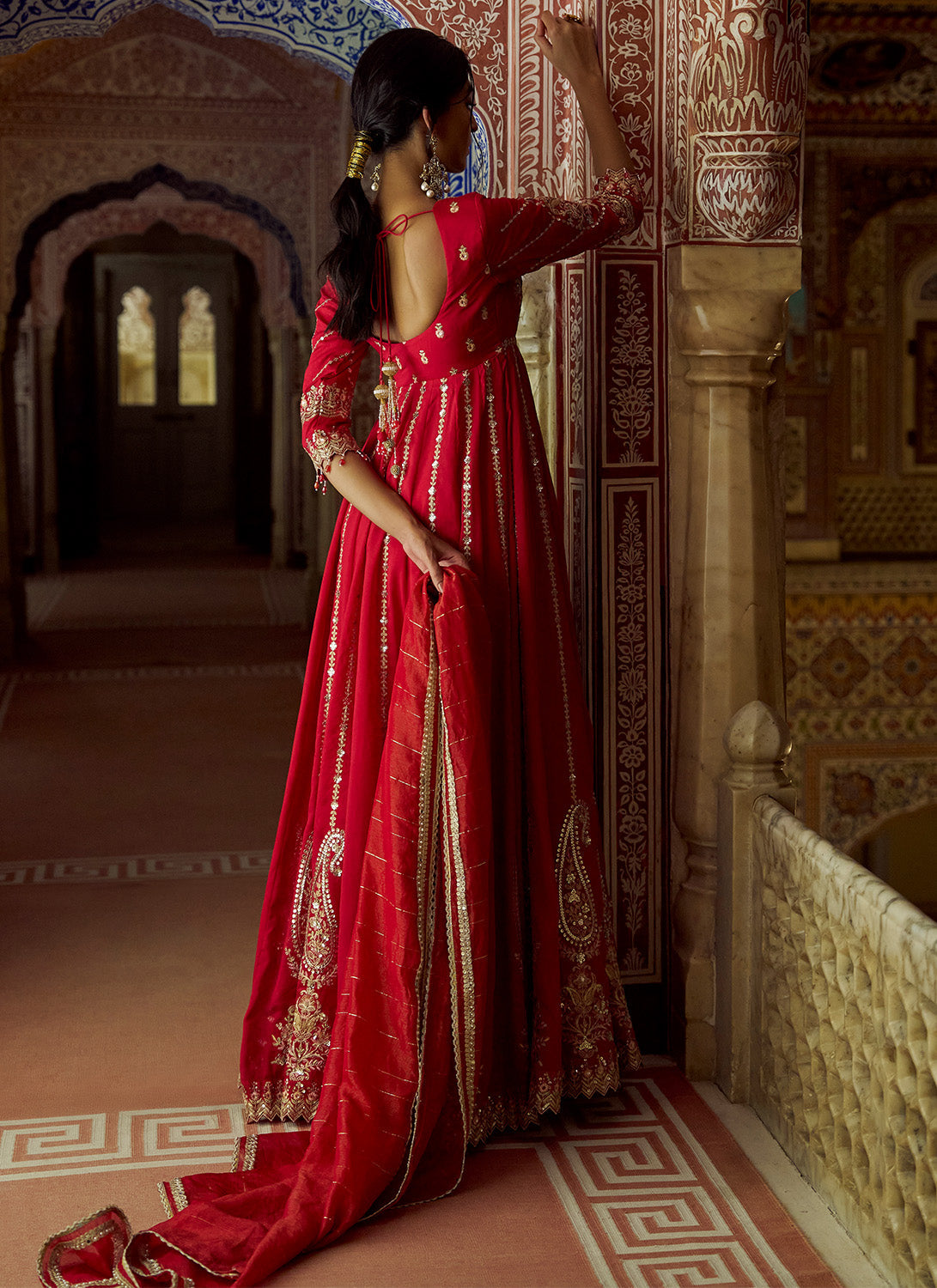 Red Embroidered Silk Anarkali