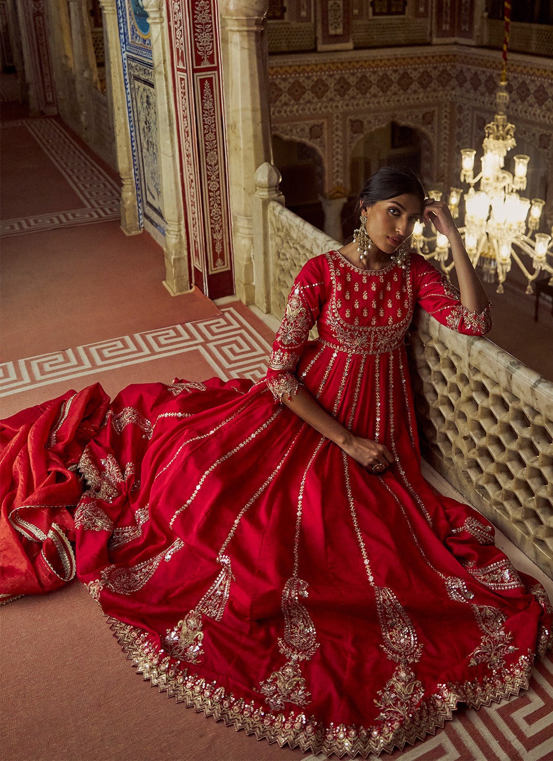 Red Embroidered Silk Anarkali