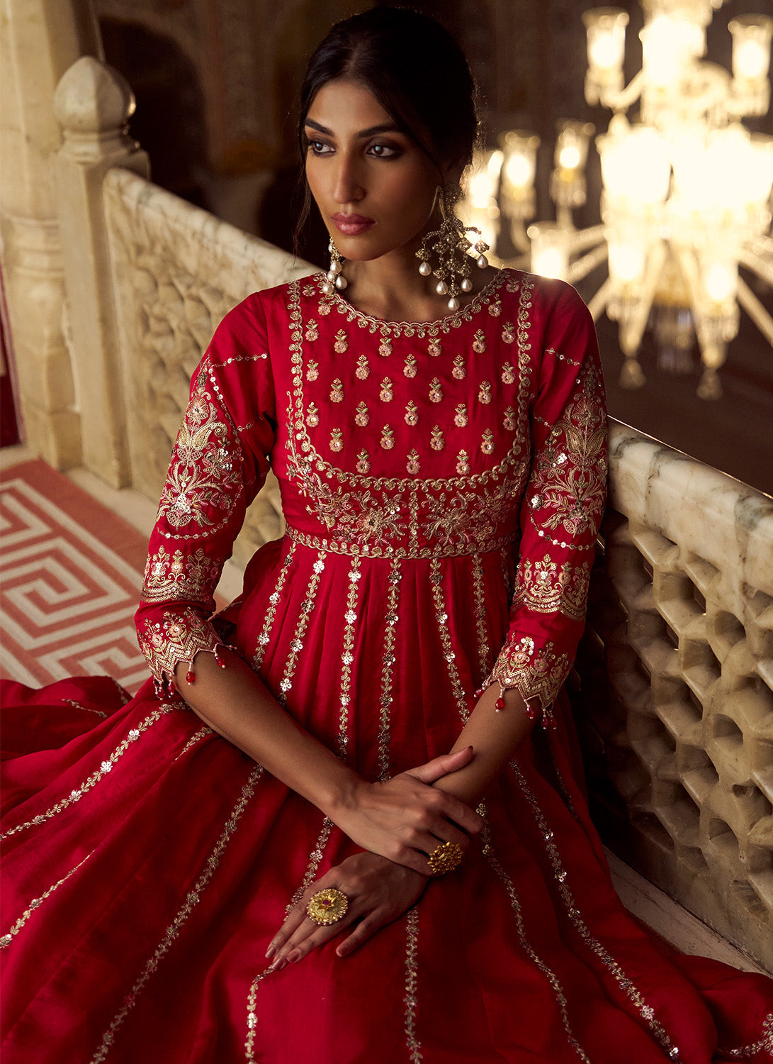 Red Embroidered Silk Anarkali