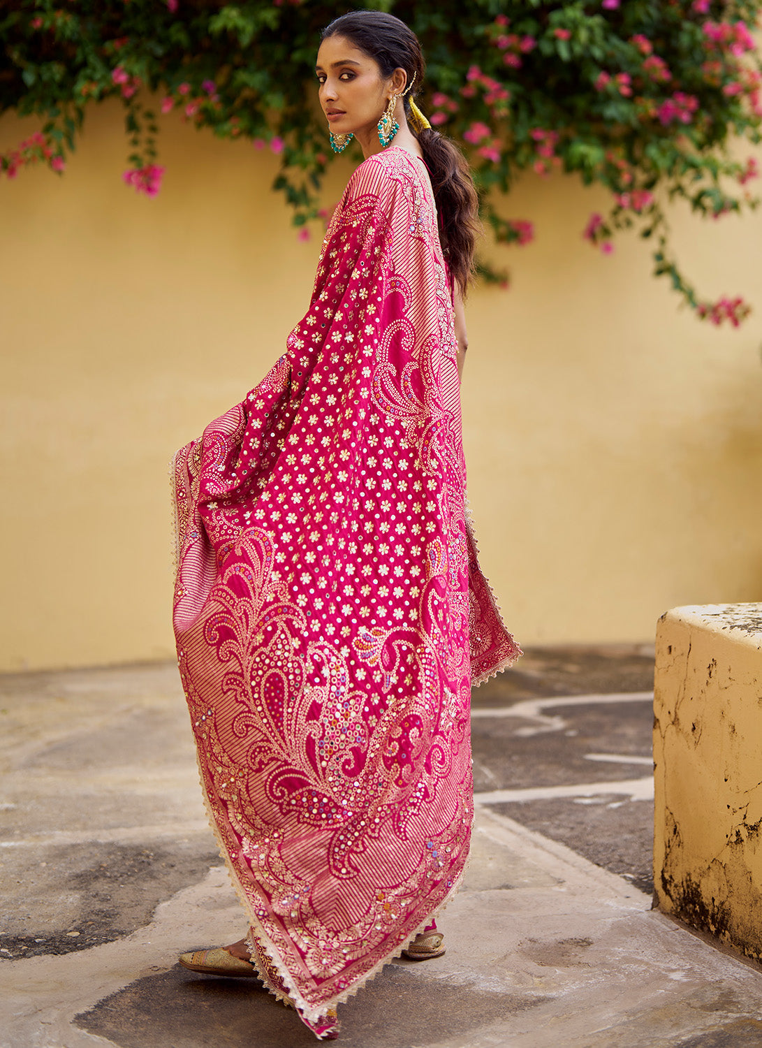 Hot Pink Embroidered Viscose Silk Straight Suit
