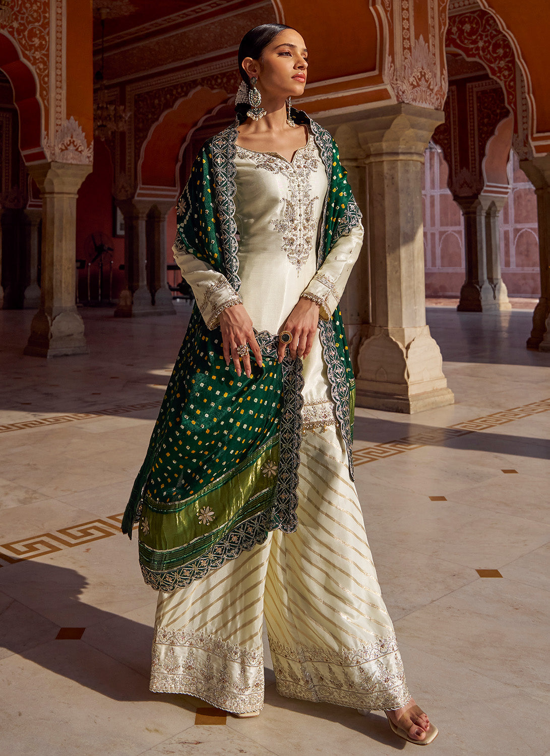 Ivory and Green Embroidered Pure Bandhani Sharara