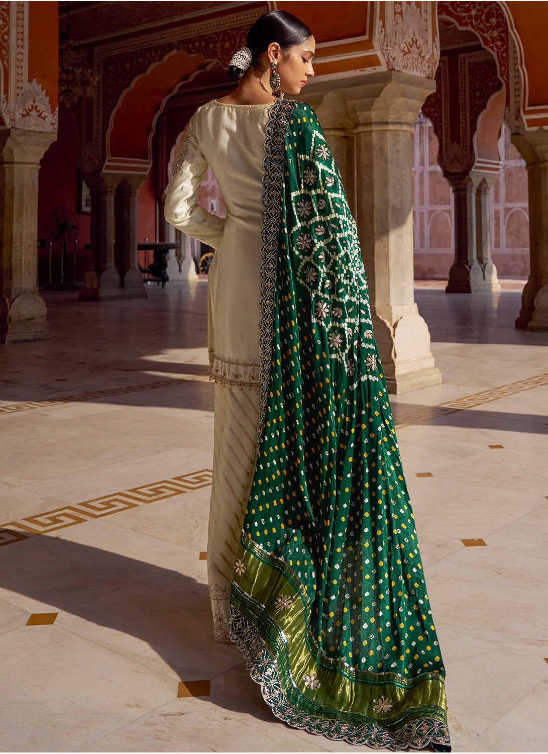 Ivory and Green Embroidered Pure Bandhani Sharara
