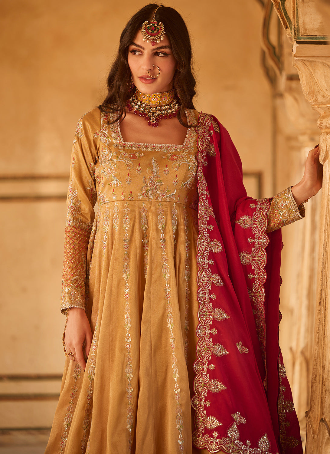 Mustard Yellow and Hot Pink Embroidered Anarkali