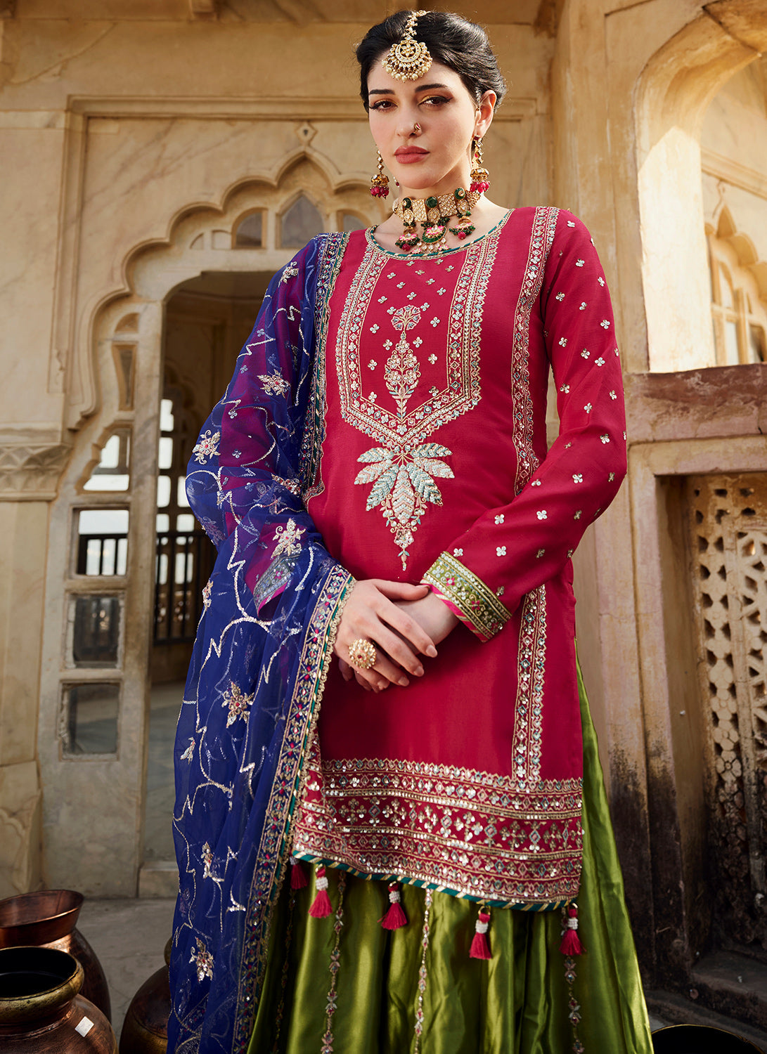 Hot Pink Multicolor Embroidered Sharara Suit