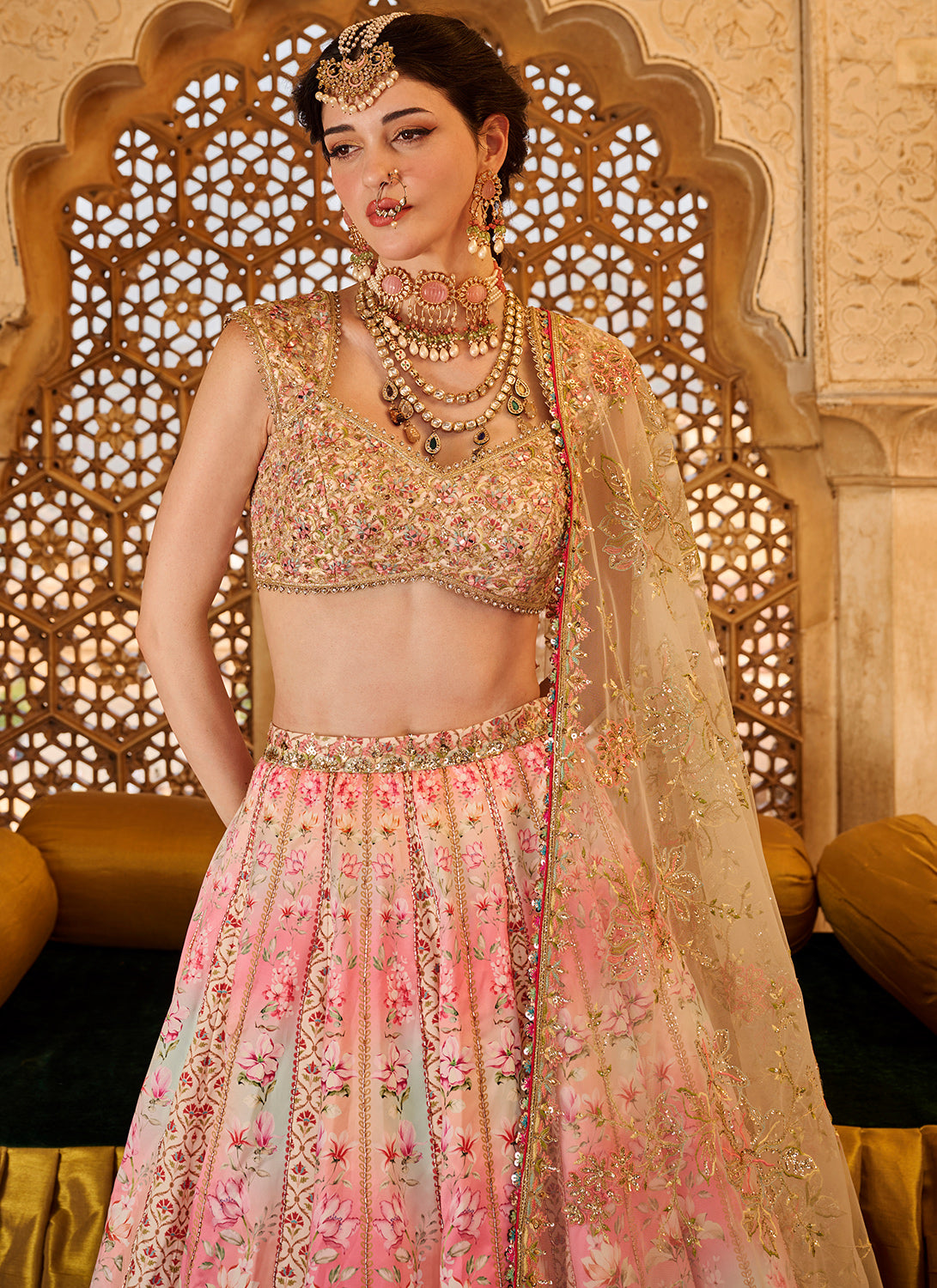 Pink Multicolor Printed Satin Lehenga