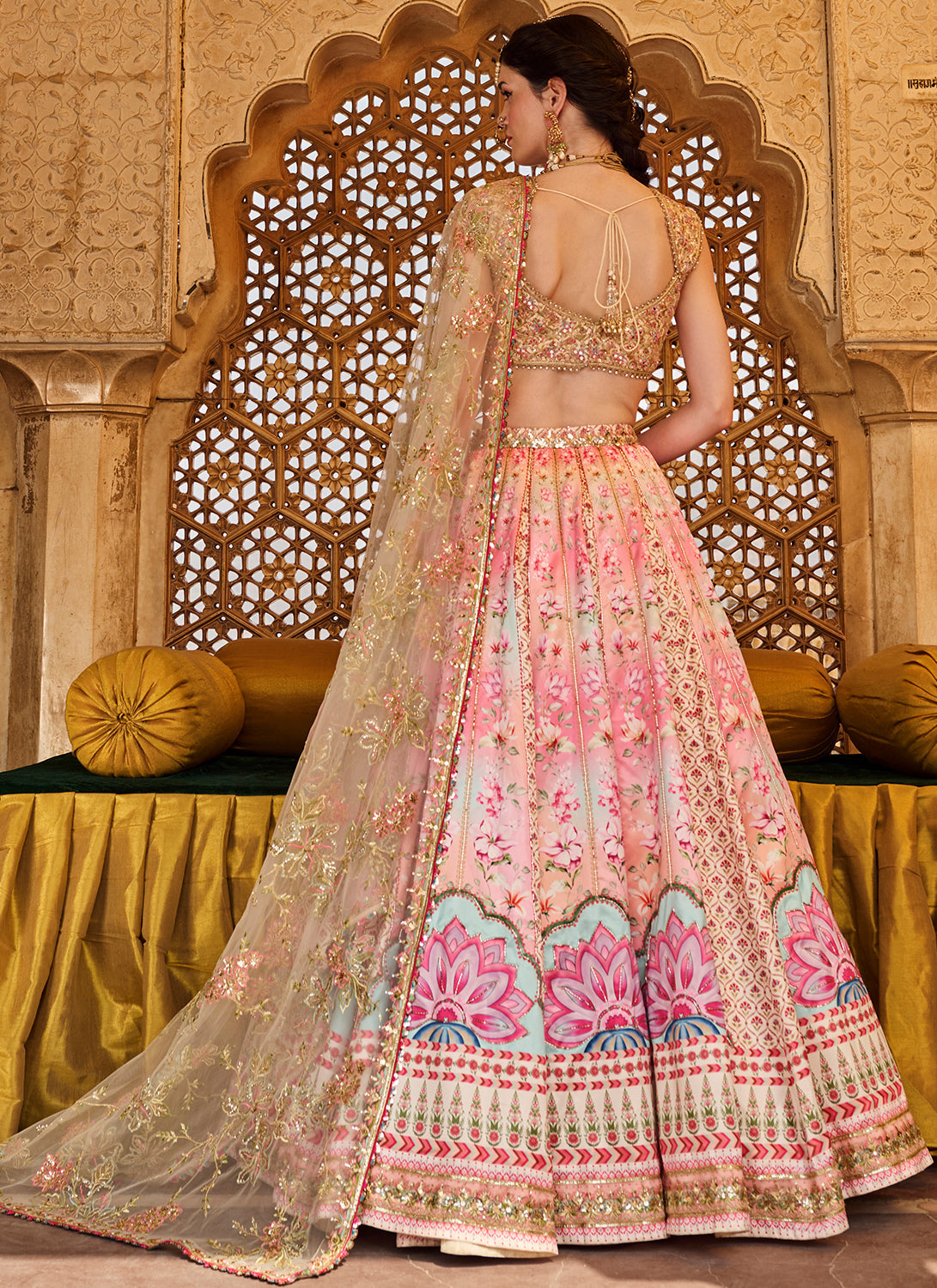 Pink Multicolor Printed Satin Lehenga