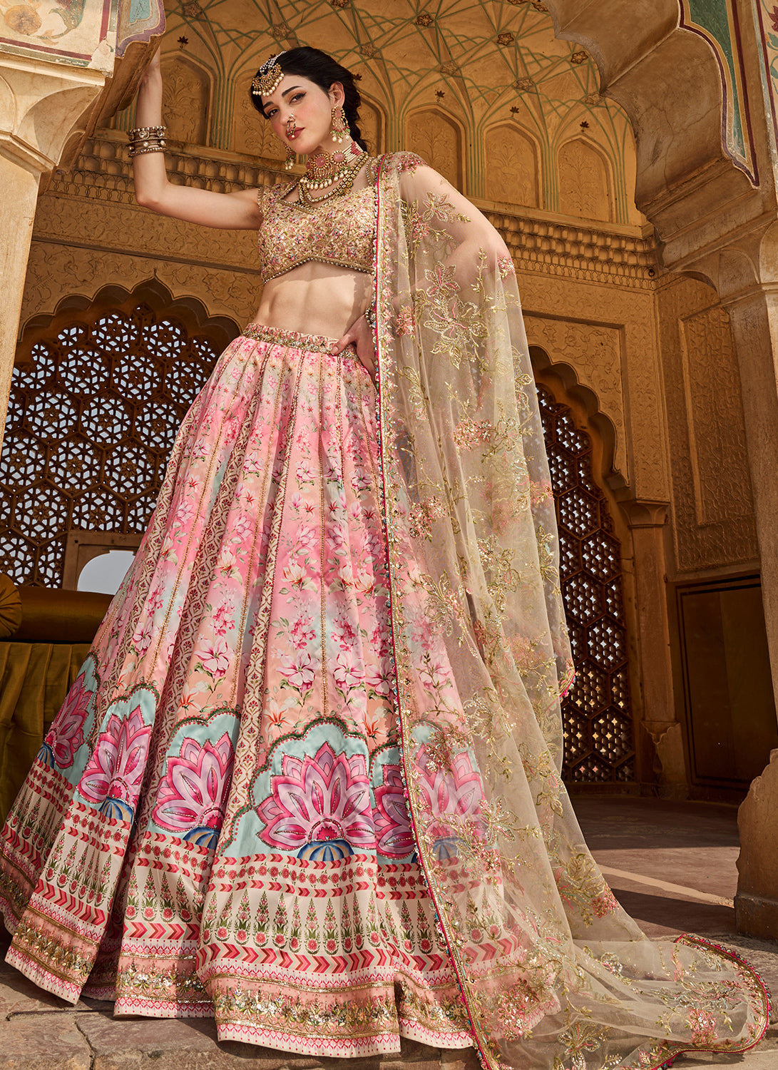 Pink Multicolor Printed Satin Lehenga