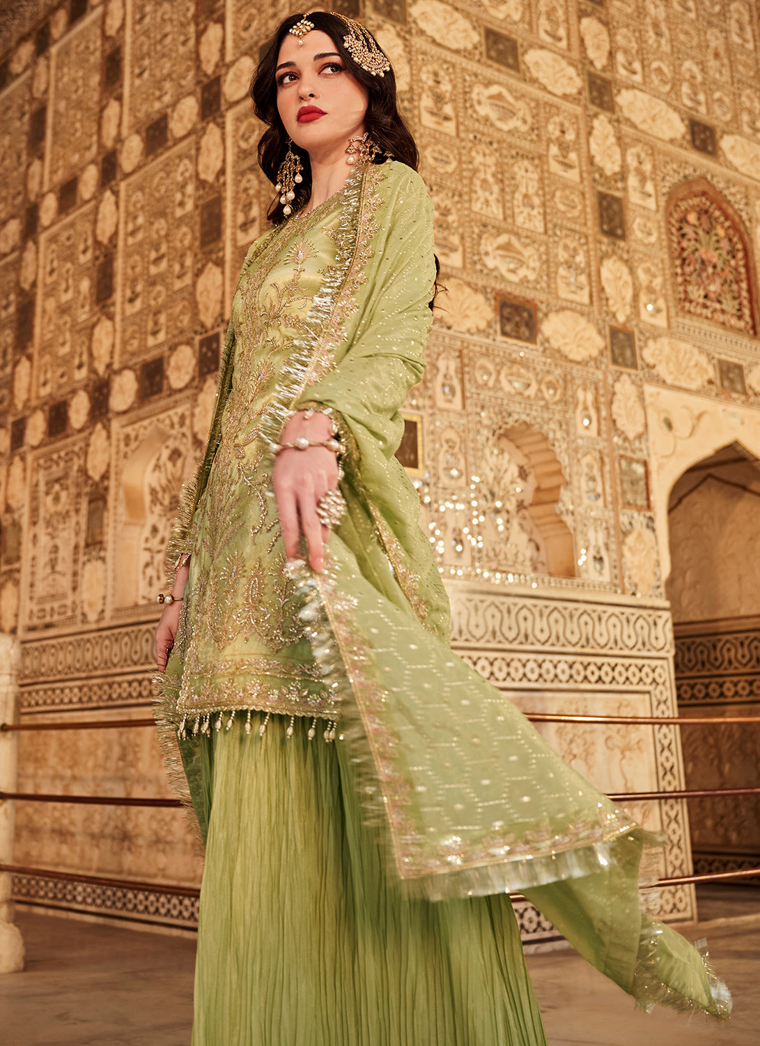 Mint Green Embroidered Sharara Suit