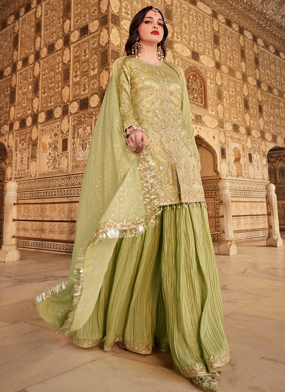 Mint Green Embroidered Sharara Suit