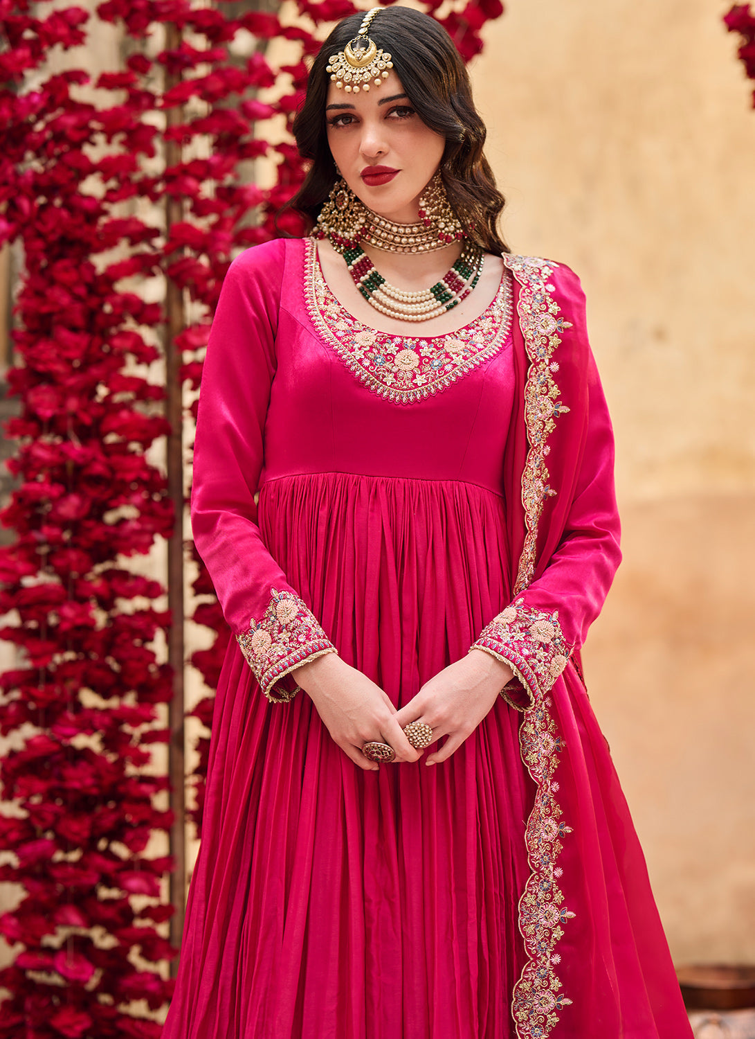 Hot Pink Embroidered Satin Anarkali
