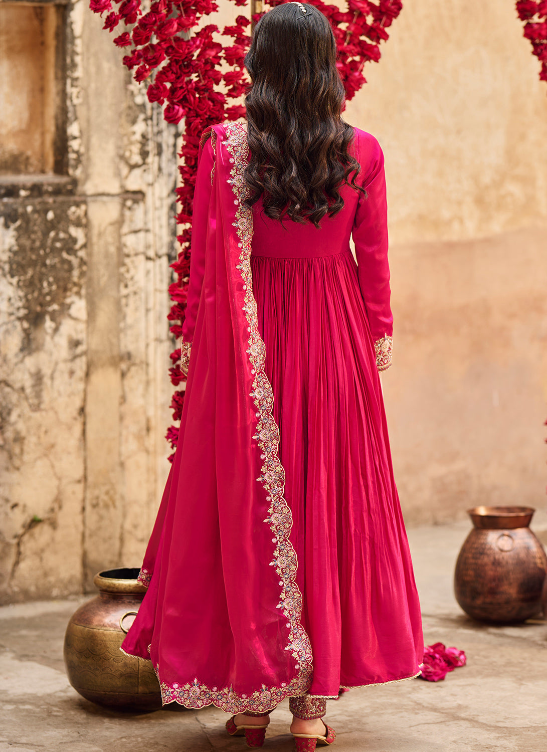 Hot Pink Embroidered Satin Anarkali