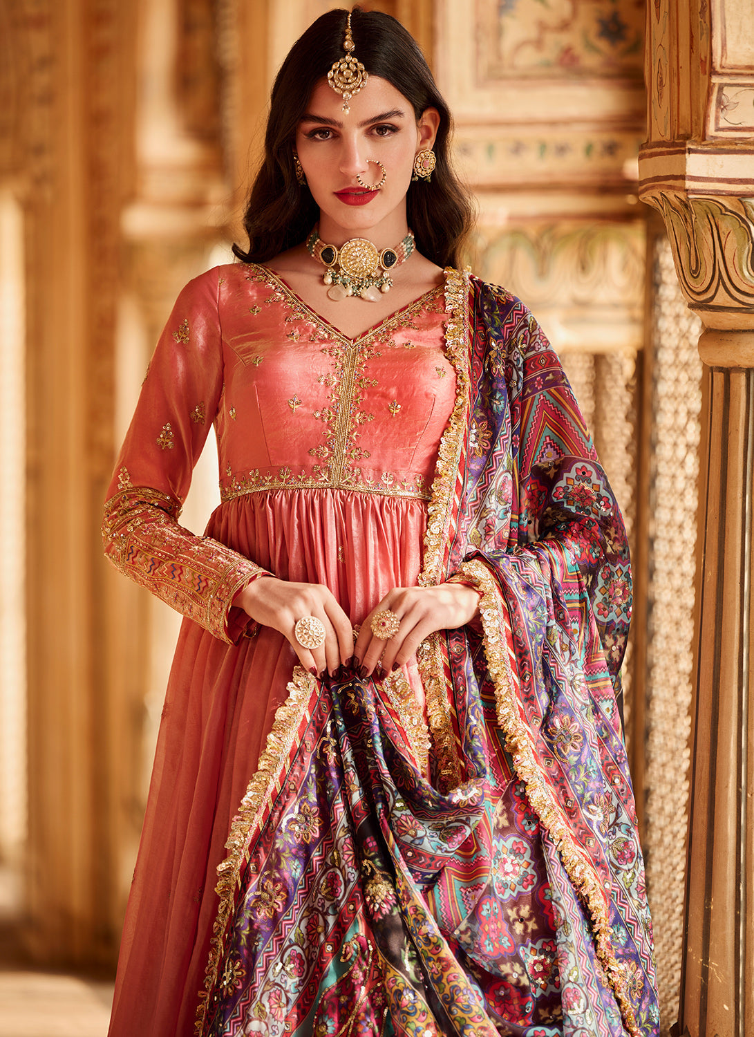 Coral Embroidered Silk Anarkali