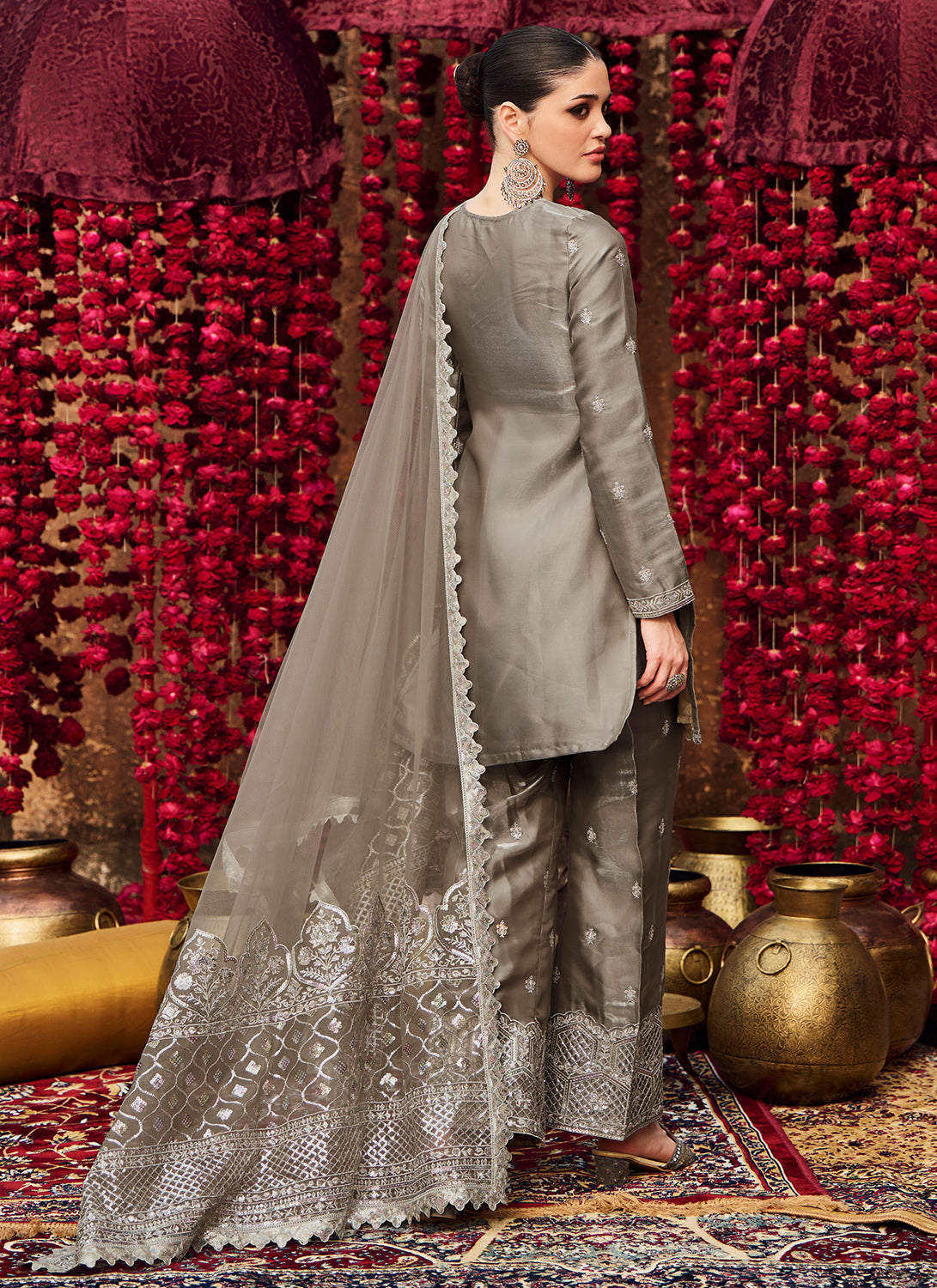 Grey Embroidered Organza Straight Suit