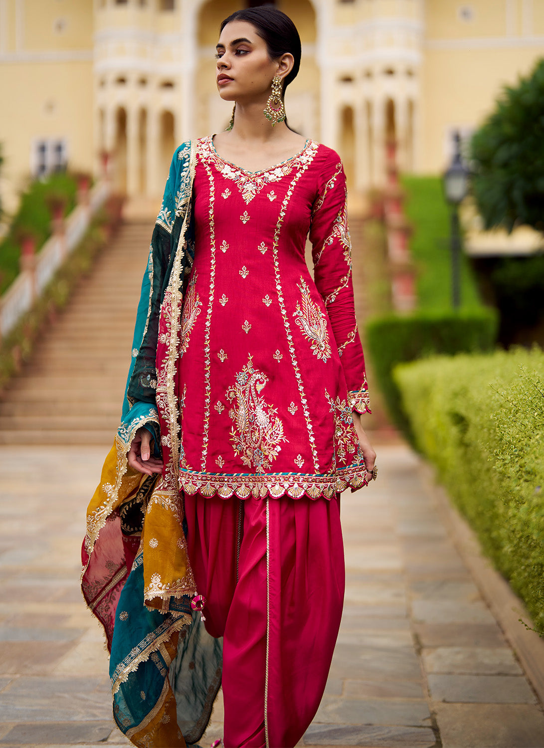 Pink Embroidered Viscose Silk Punjabi Suit