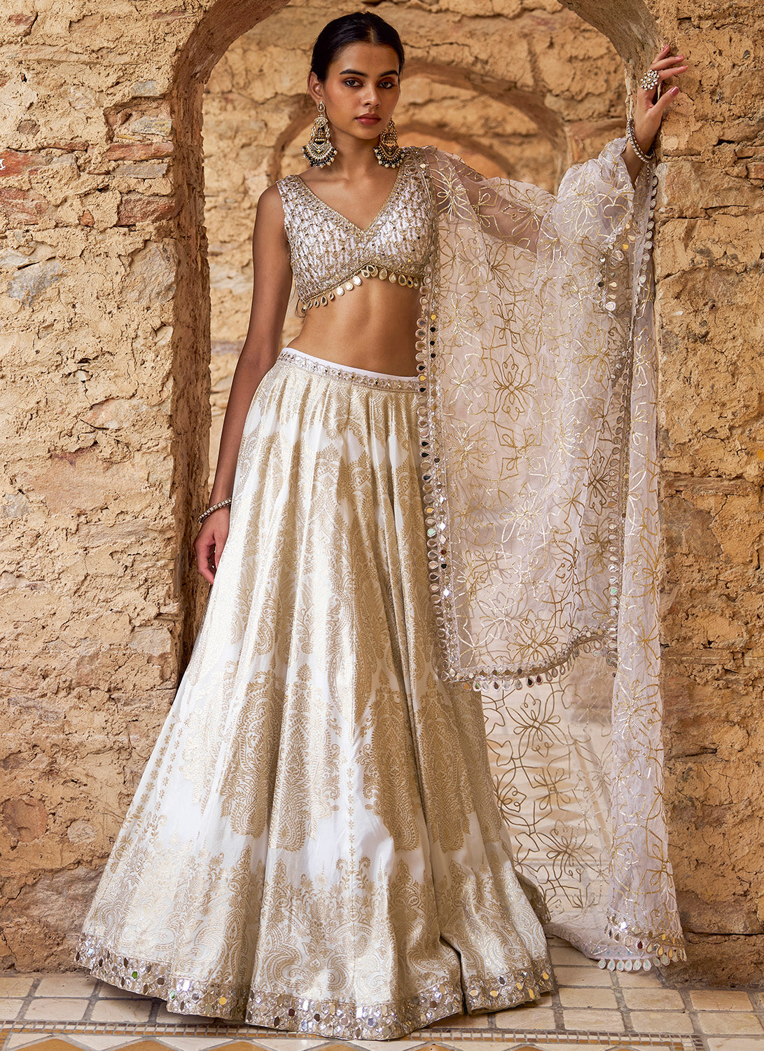 White and Gold Embroidered Viscose Brocade Lehenga