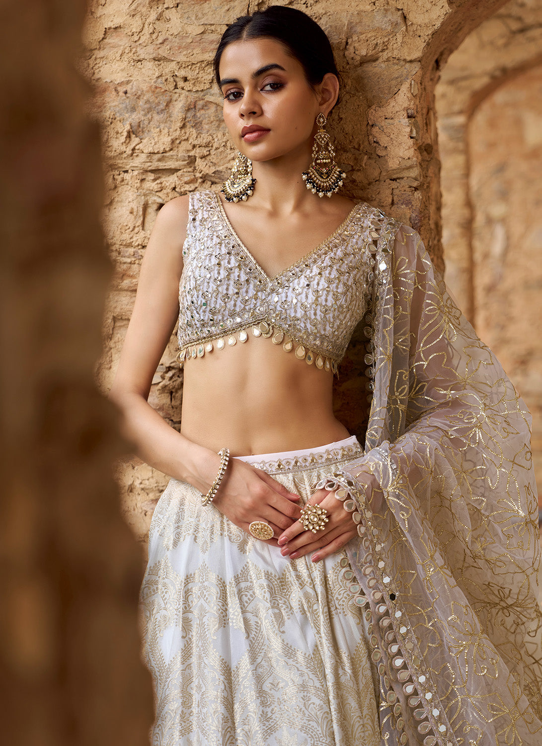 White and Gold Embroidered Viscose Brocade Lehenga