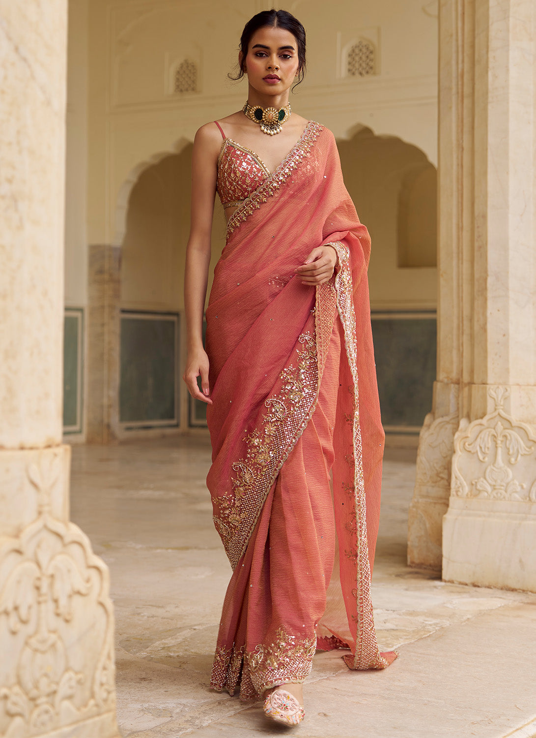 Dusty Peach Embroidered Tissue Saree