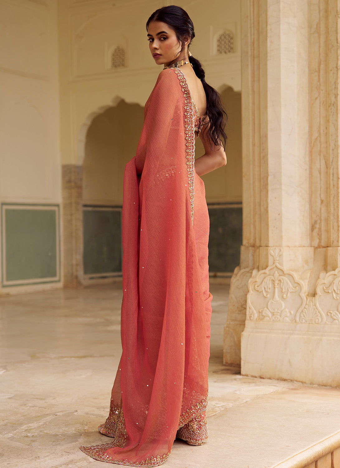 Dusty Peach Embroidered Tissue Saree