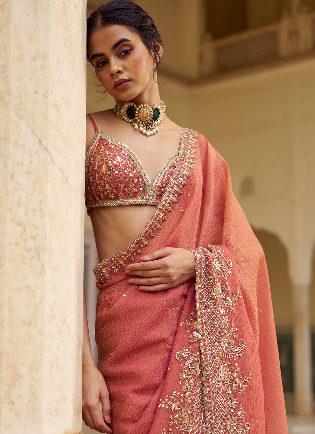 Dusty Peach Embroidered Tissue Saree