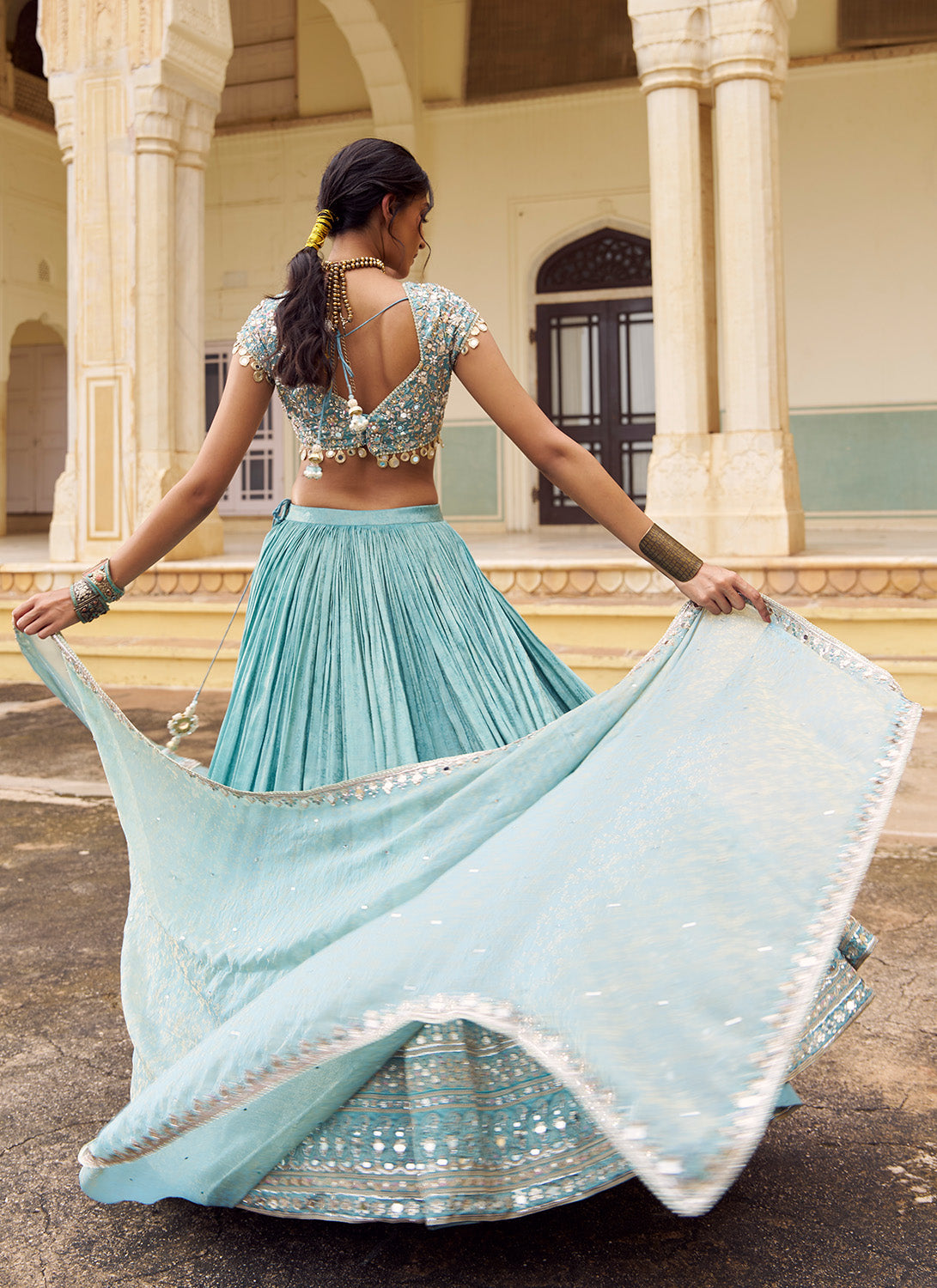 Mint Blue Embroidered Silk Lehenga