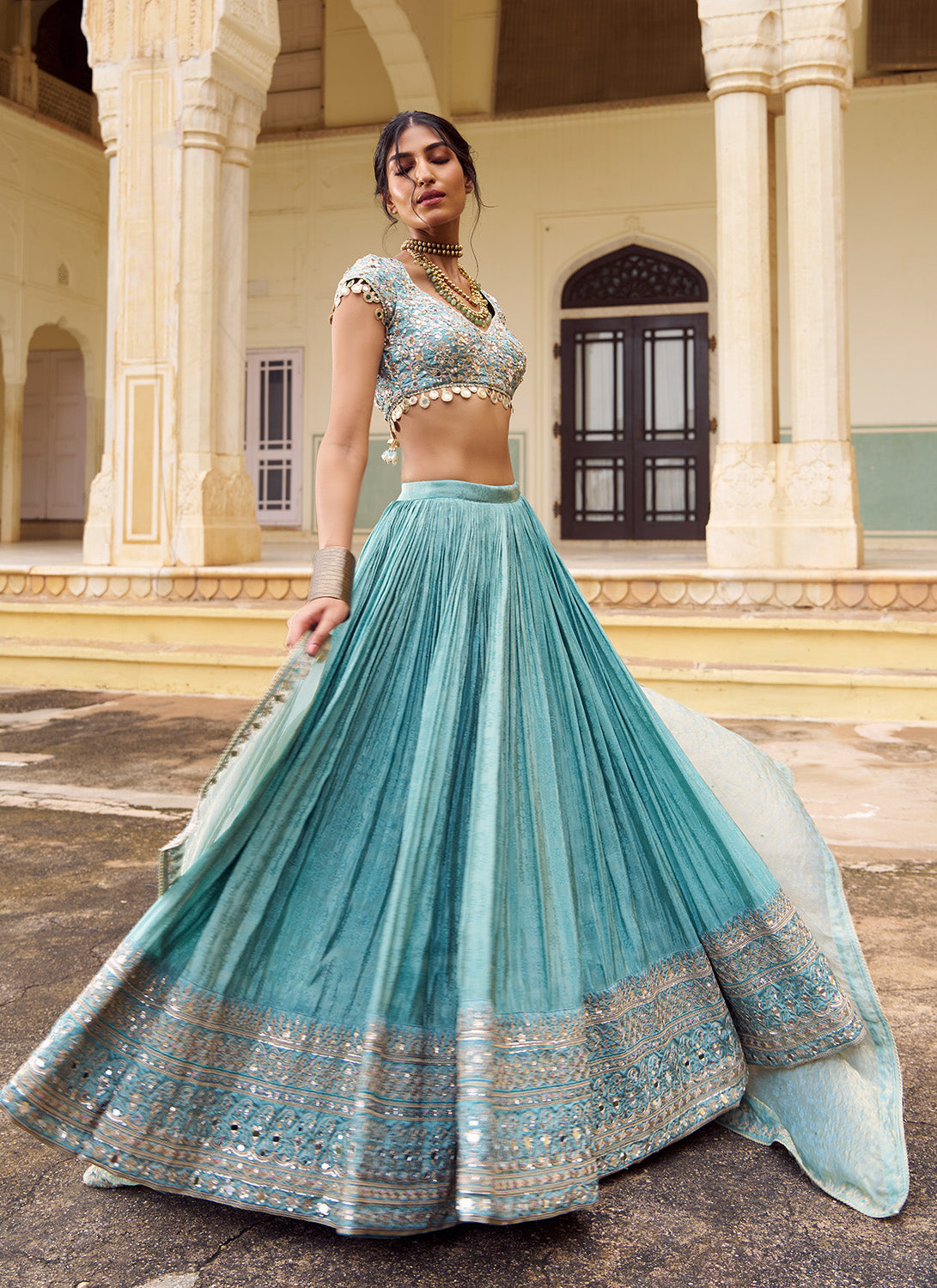 Mint Blue Embroidered Silk Lehenga