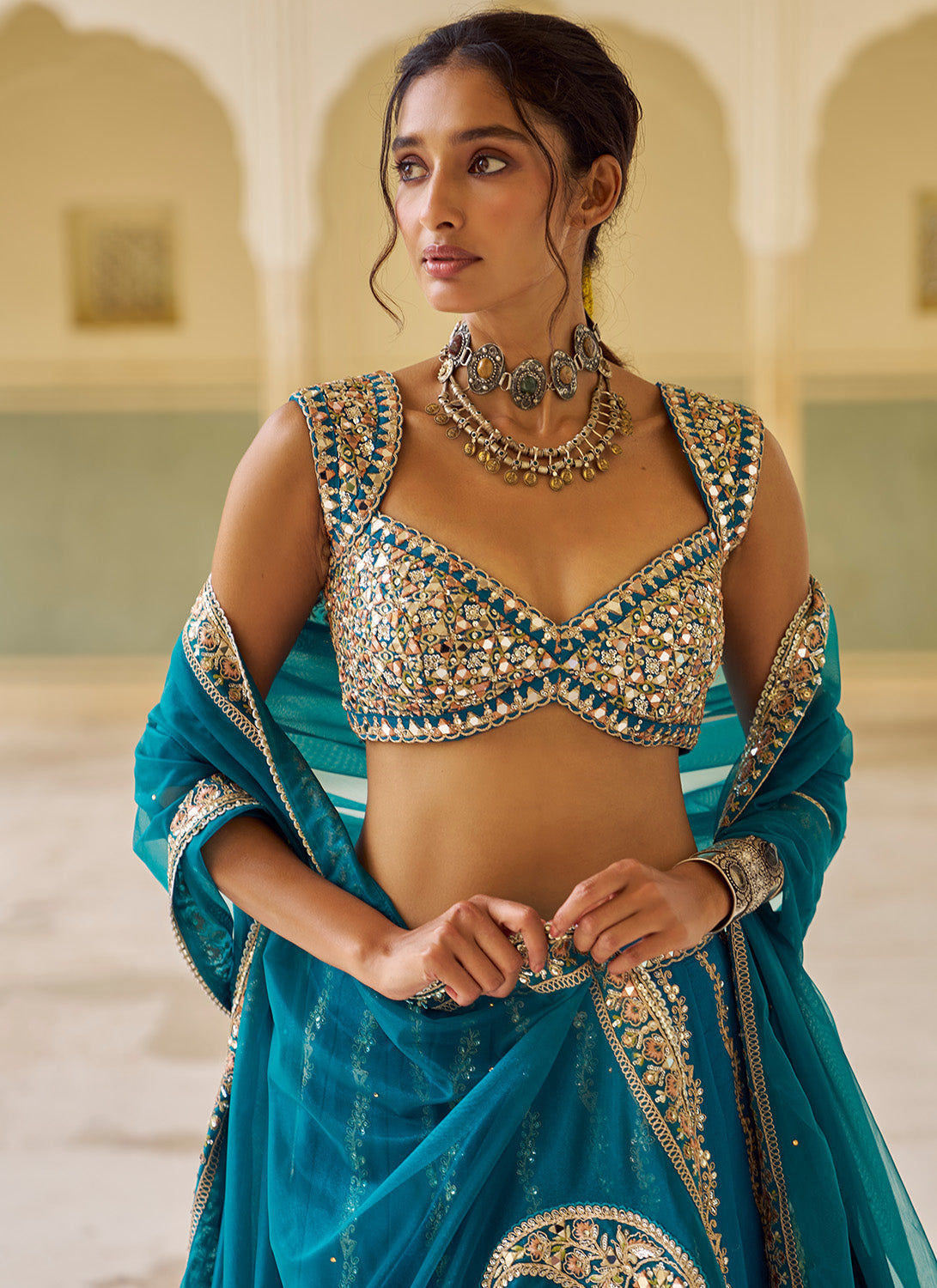 Teal Blue Embroidered Silk Lehenga