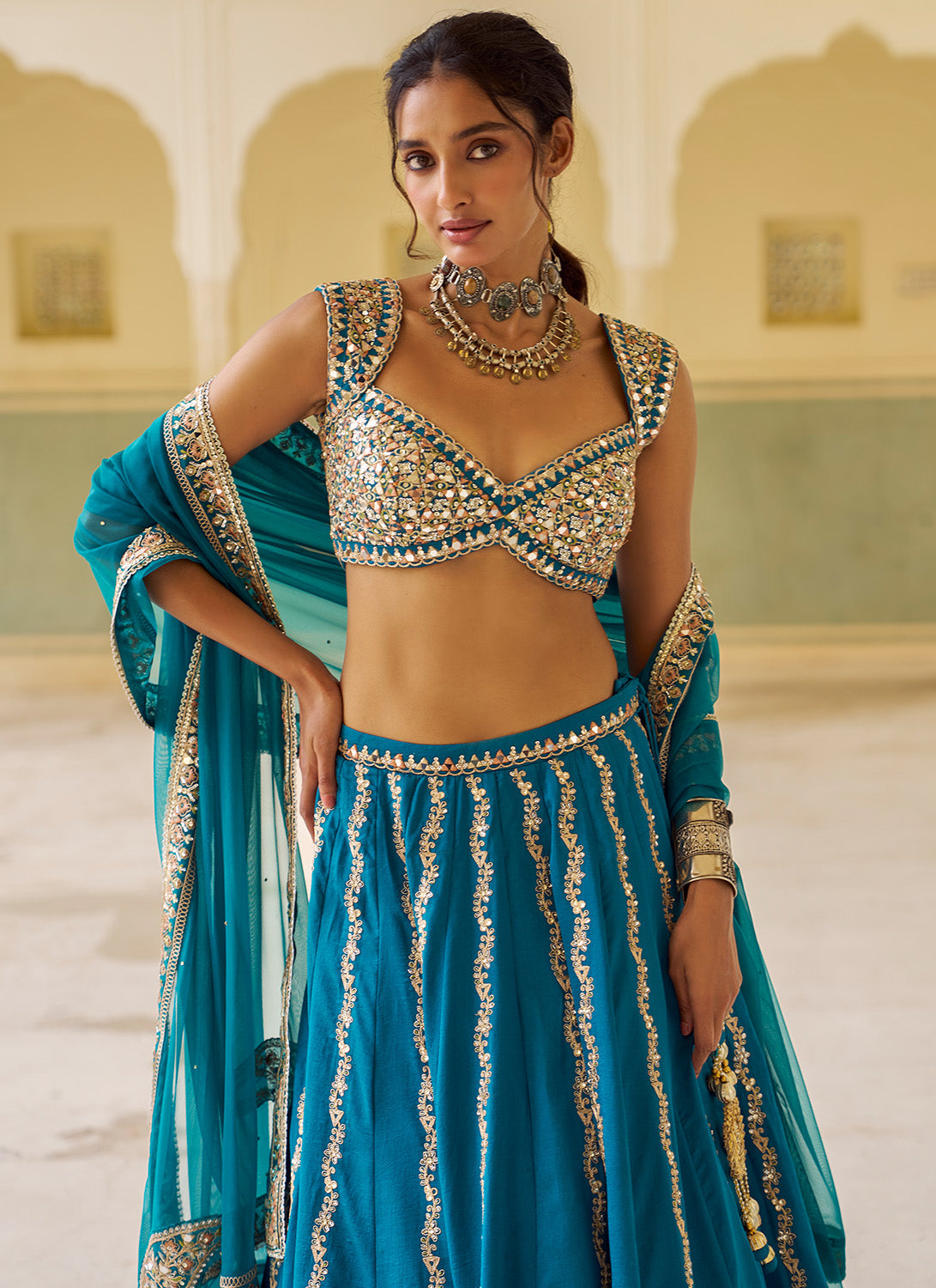 Teal Blue Embroidered Silk Lehenga