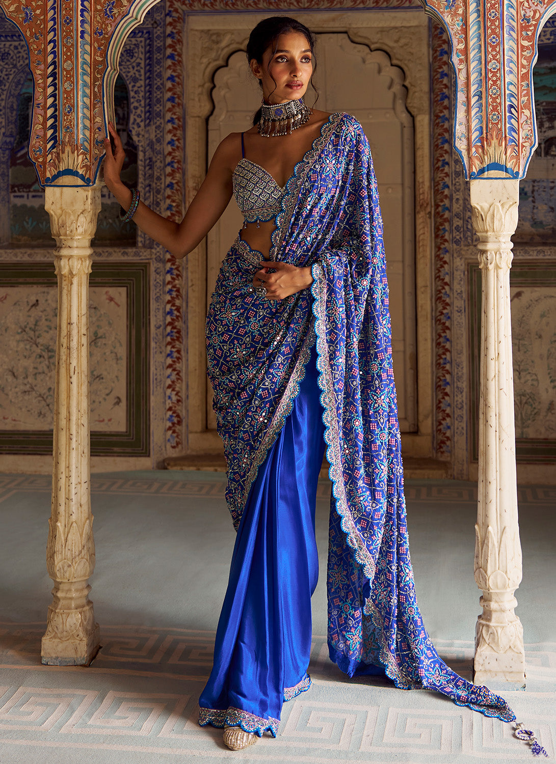 Royal Blue Embroidered Viscose Chiffon Saree