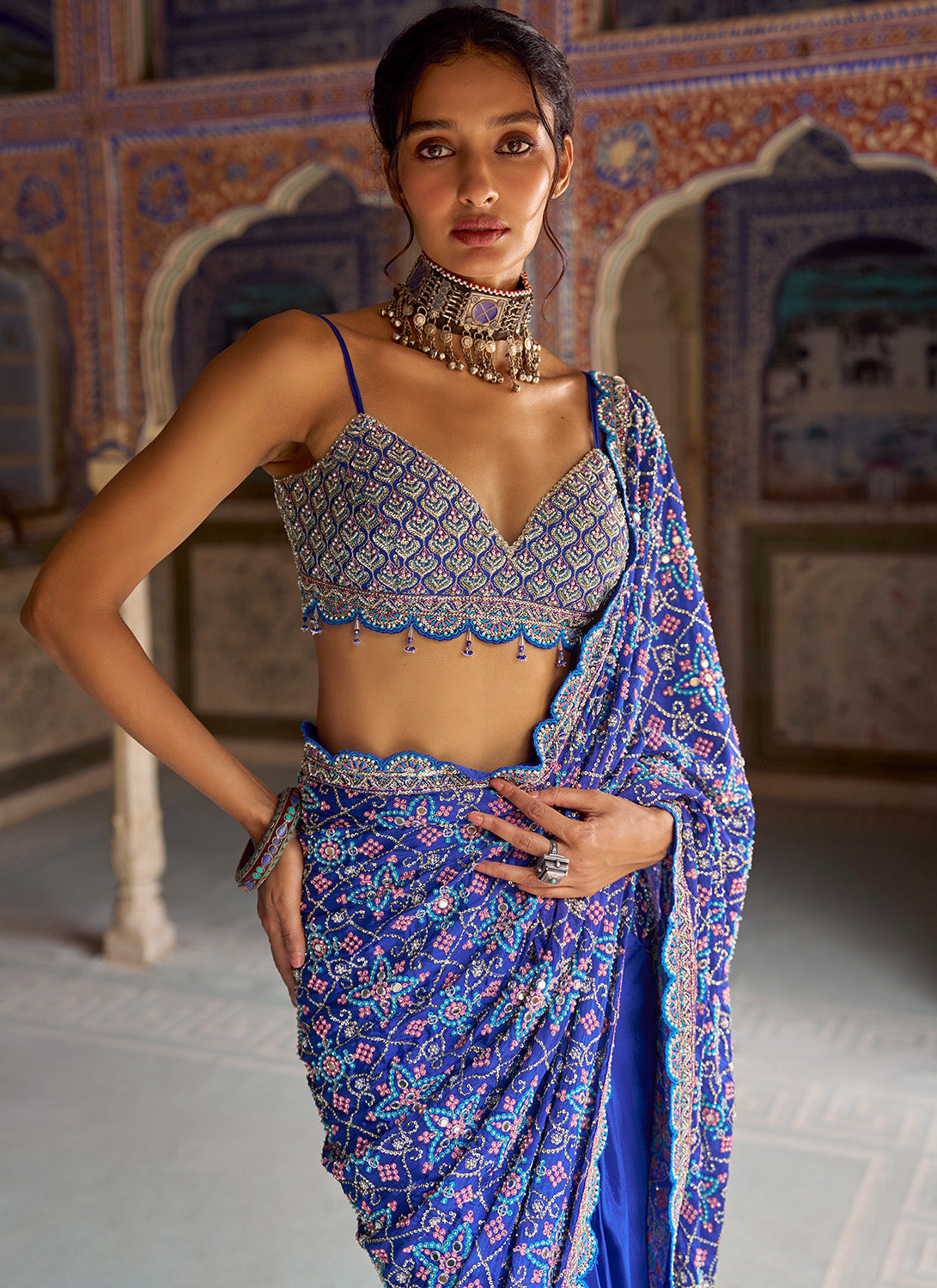 Royal Blue Embroidered Viscose Chiffon Saree