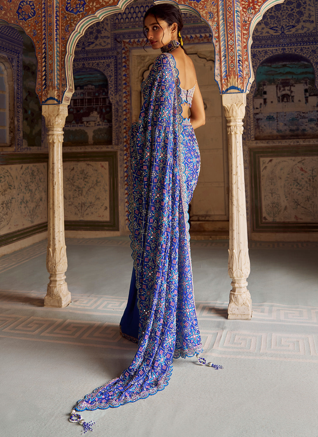 Royal Blue Embroidered Viscose Chiffon Saree