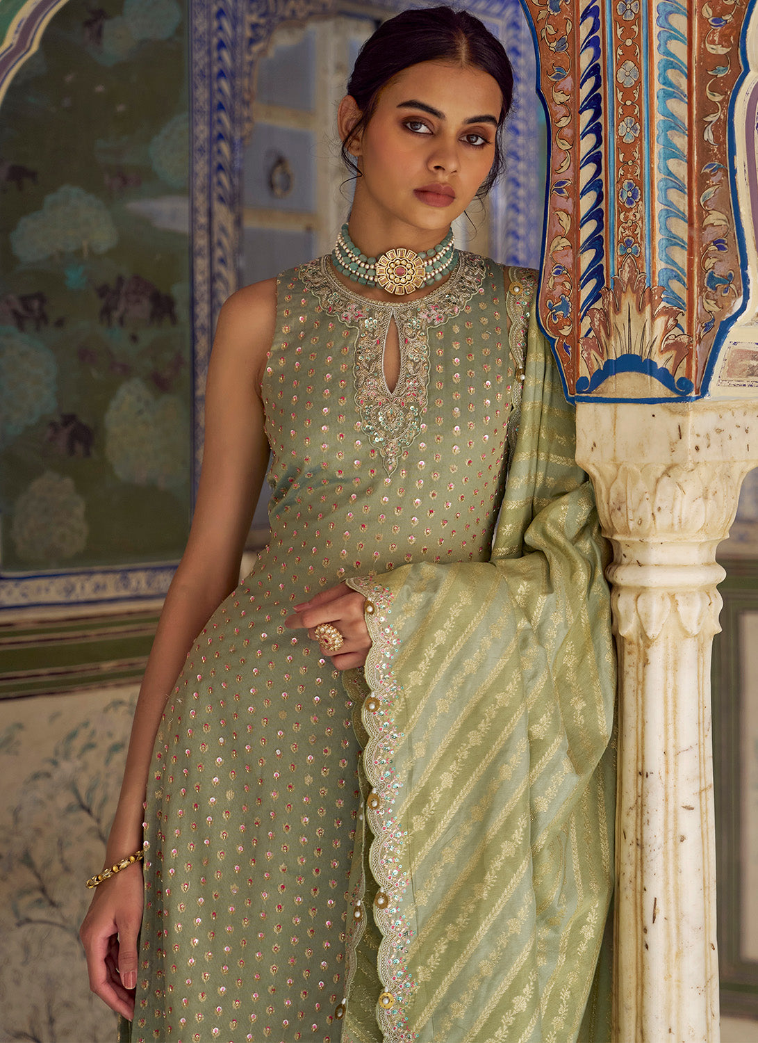 Mint Green Embroidered Viscose Tissue Palazzo Suit