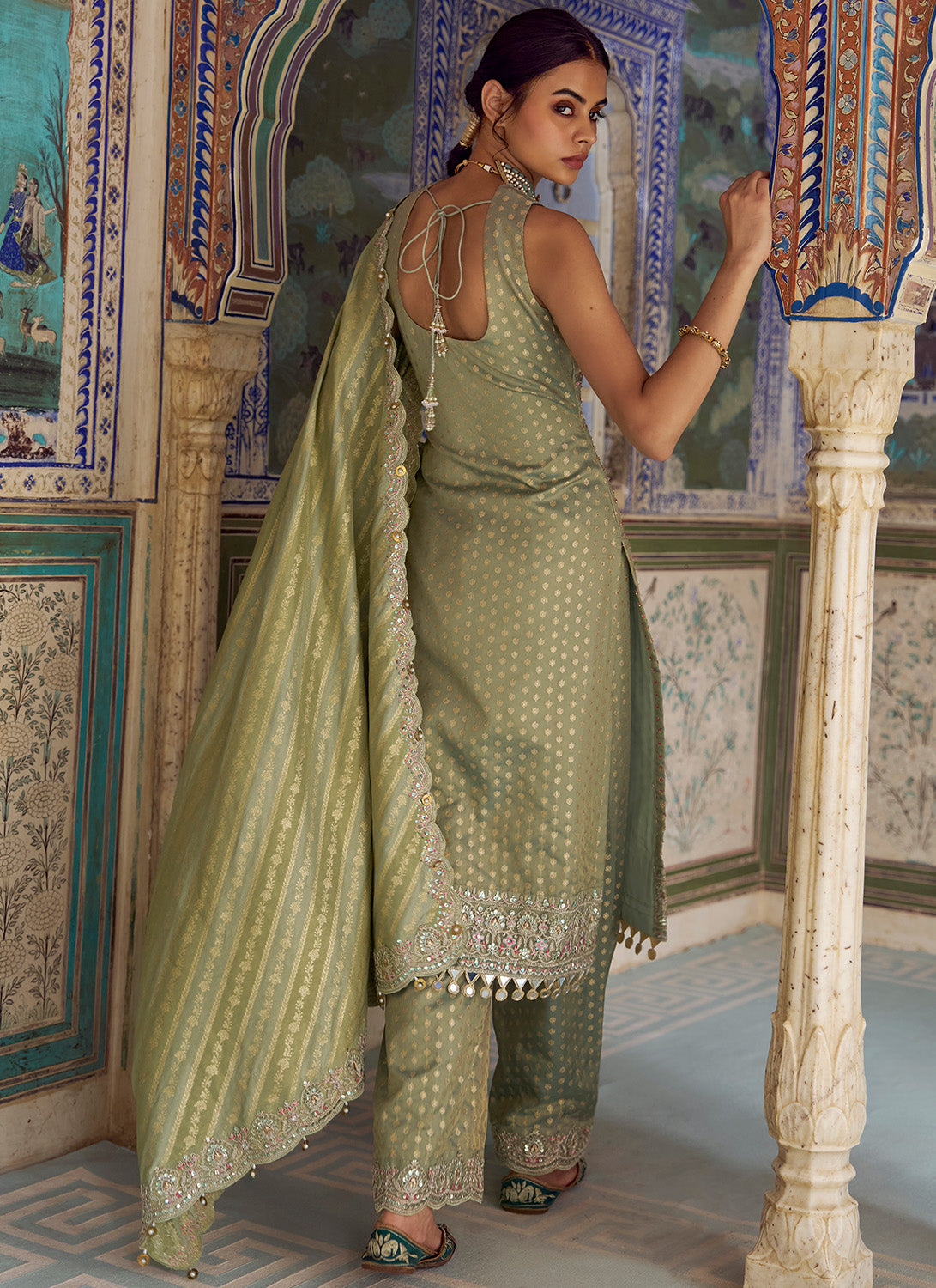 Mint Green Embroidered Viscose Tissue Palazzo Suit
