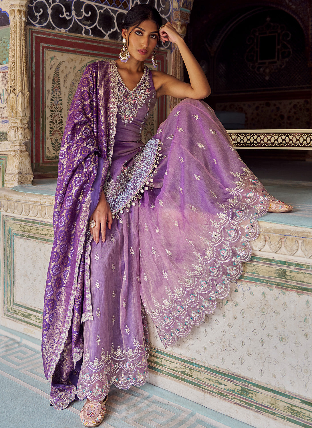 Purple Embroidered Silk Sharara