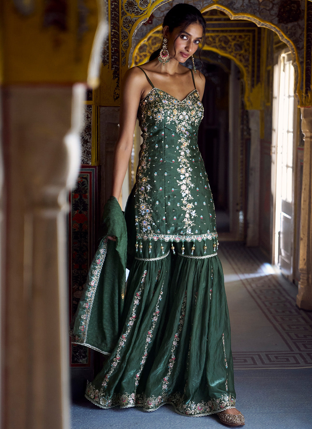 Mehendi Green Embroidered Gharara