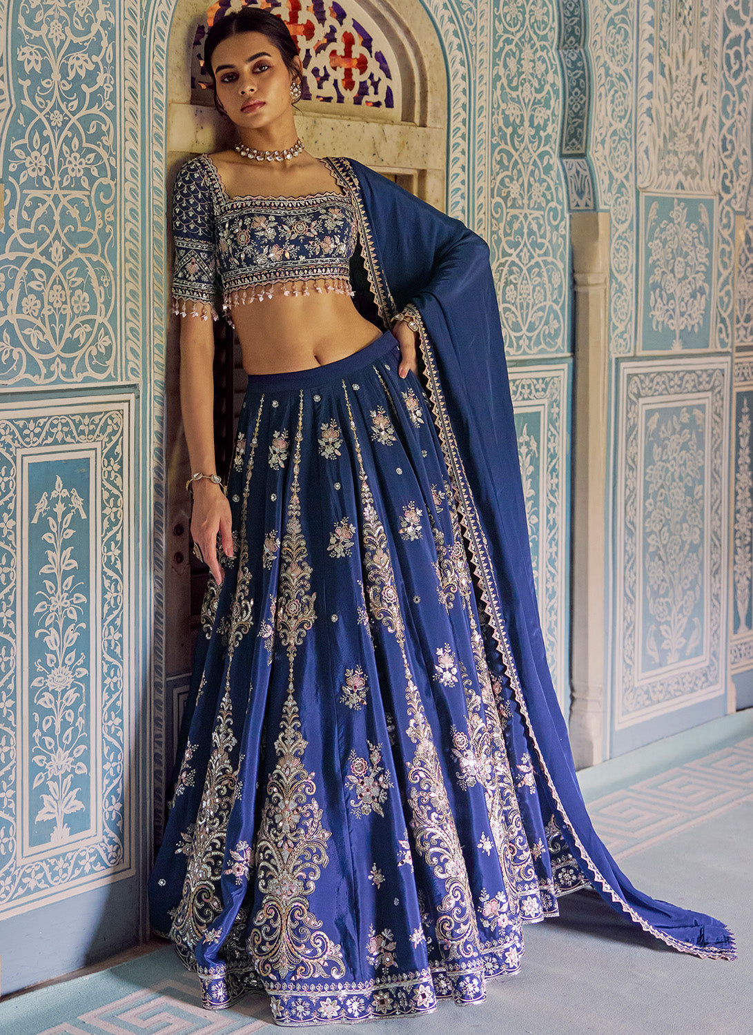 Navy Blue Embroidered Viscose Crepe Lehenga