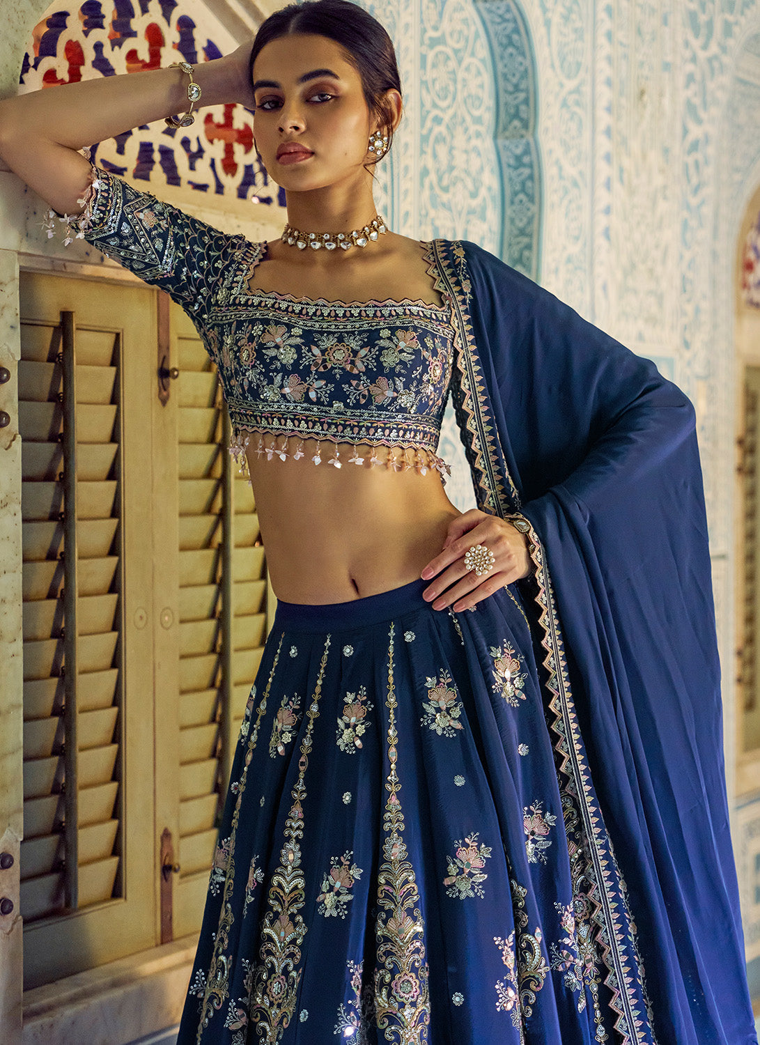Navy Blue Embroidered Viscose Crepe Lehenga