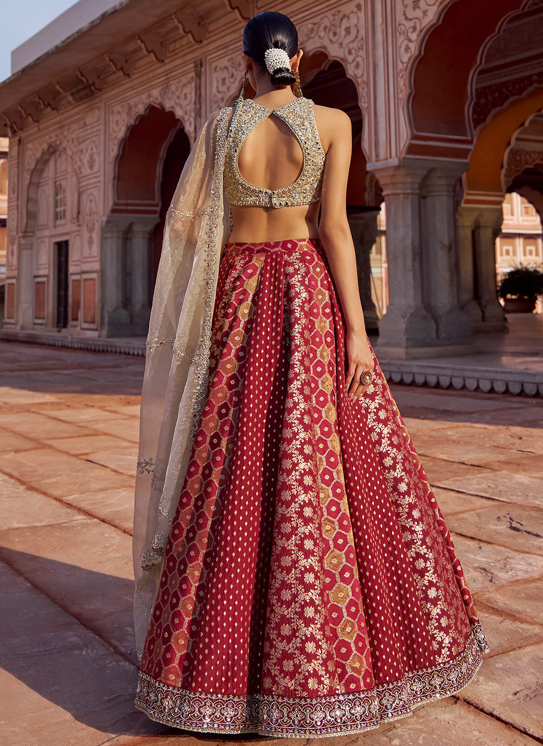 Maroon and Gold Embroidered Tissue Lehenga