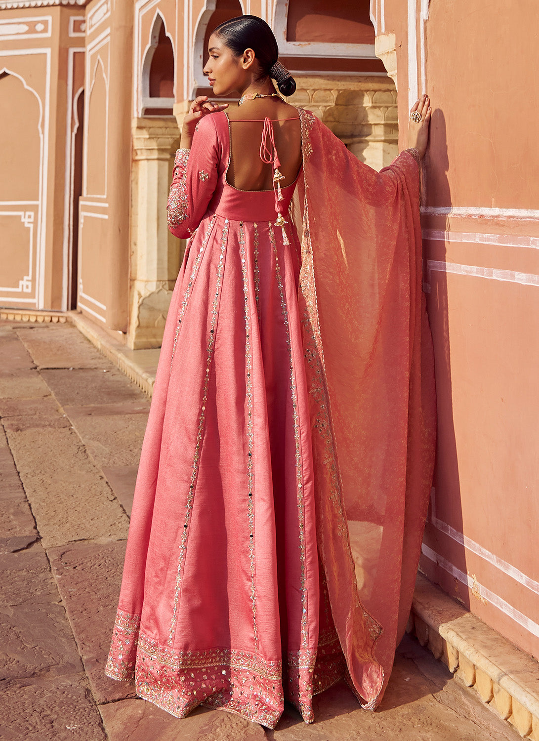 Coral Embroidered Silk Anarkali