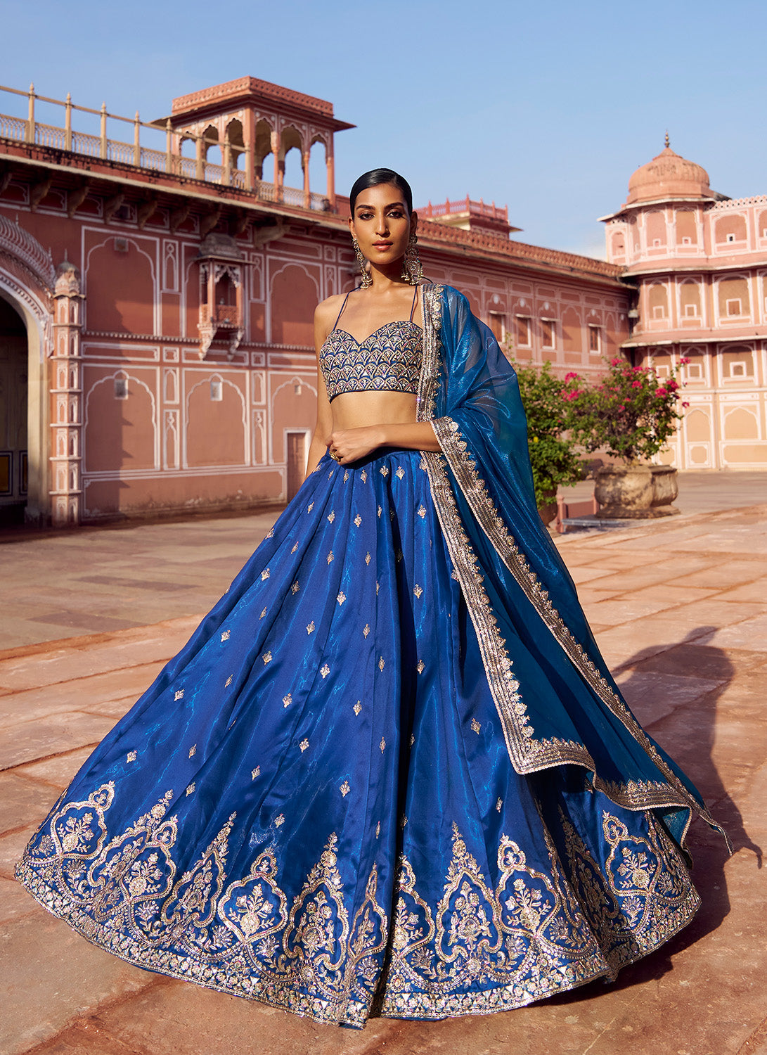 Peacock Blue Embroidered Satin Silk Lehenga