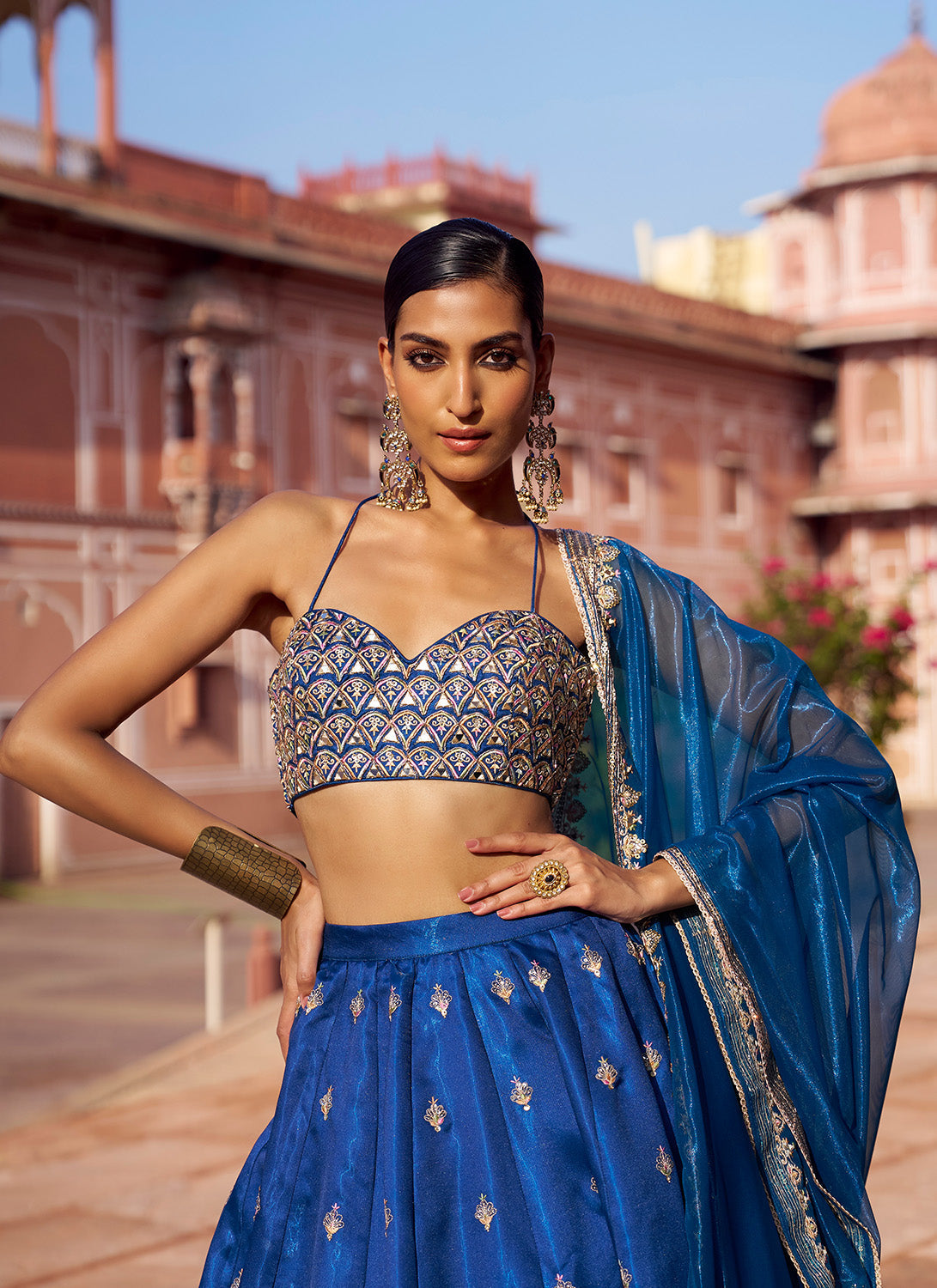 Peacock Blue Embroidered Satin Silk Lehenga