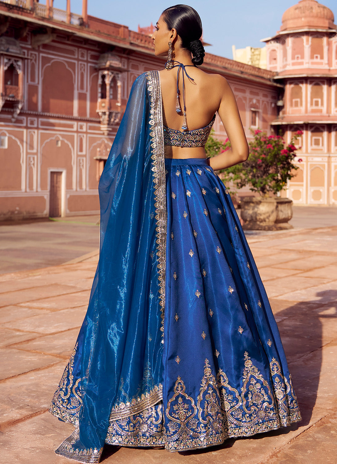 Peacock Blue Embroidered Satin Silk Lehenga