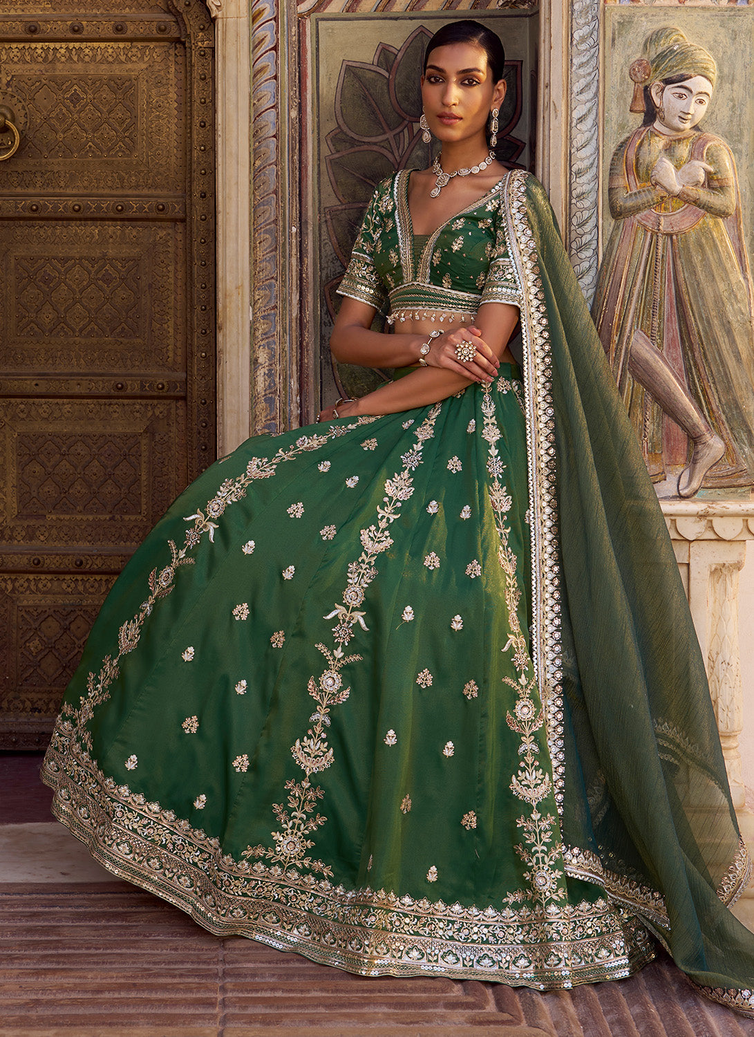 Green Embroidered Silk Lehenga