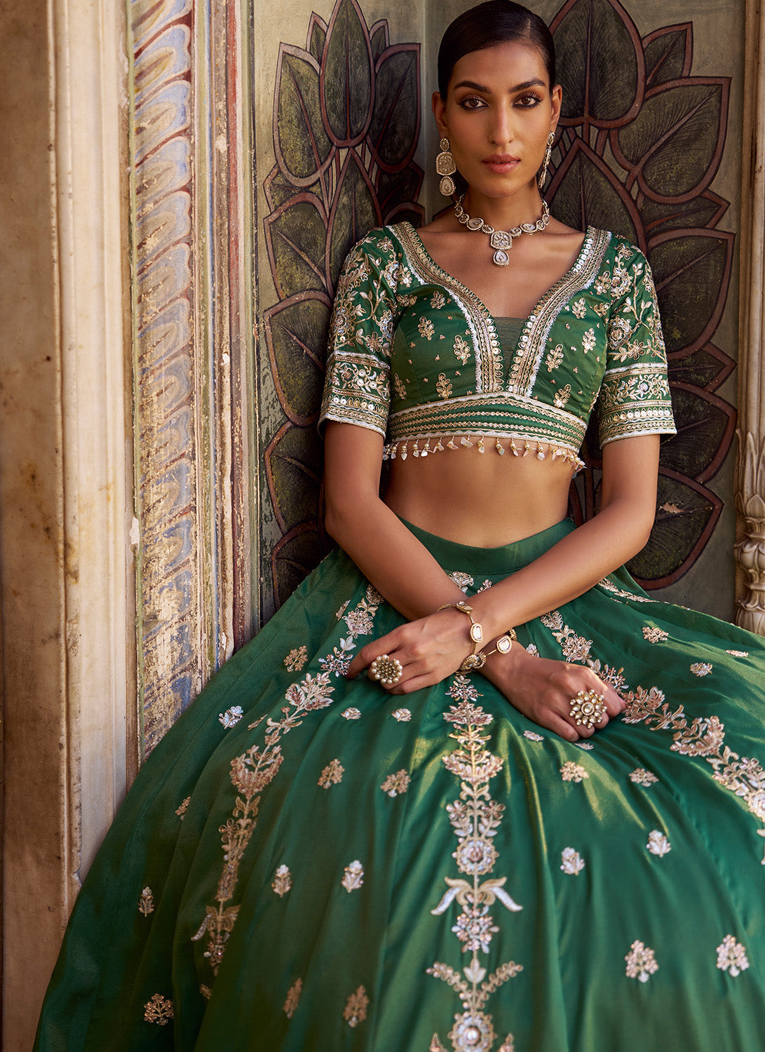 Green Embroidered Silk Lehenga